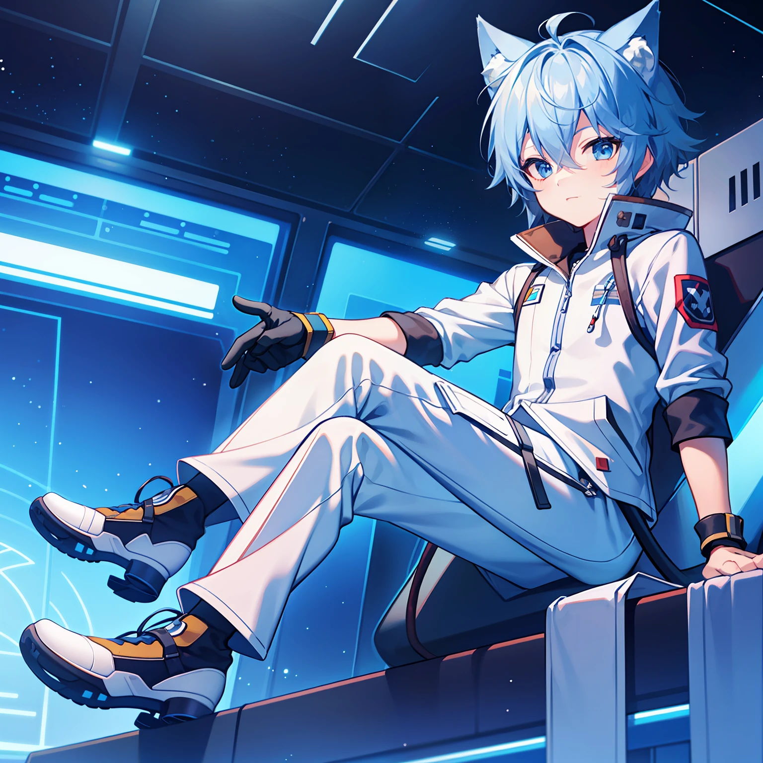 Game CG, Little Boy, Boy Sense, Anime Male Protagonist, Wolf Ears, Wolf Tail, Ski Goggles, Soldier, Pixiv, White and Blue Jumpsuit, White Fingerless Gloves, Combat Boots, Fist, Inside the Space Station, Night