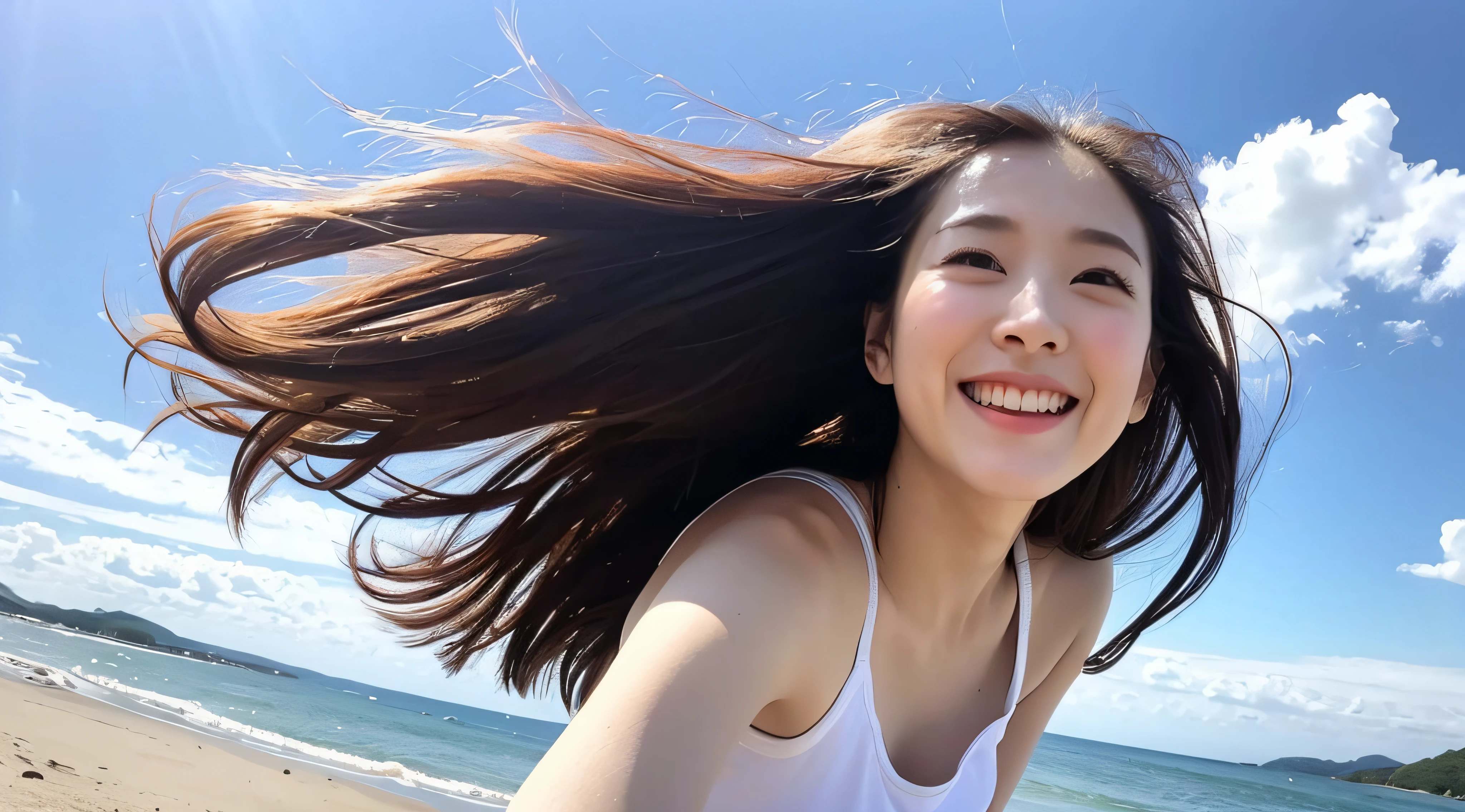 realisitic、masuter piece、Beautiful Korean kpop idol Woman,Running along the seaside、Camera angle from below、Midsummer sun and white clouds、wide-angle lens、Looking up at the sky with a smile、emotive