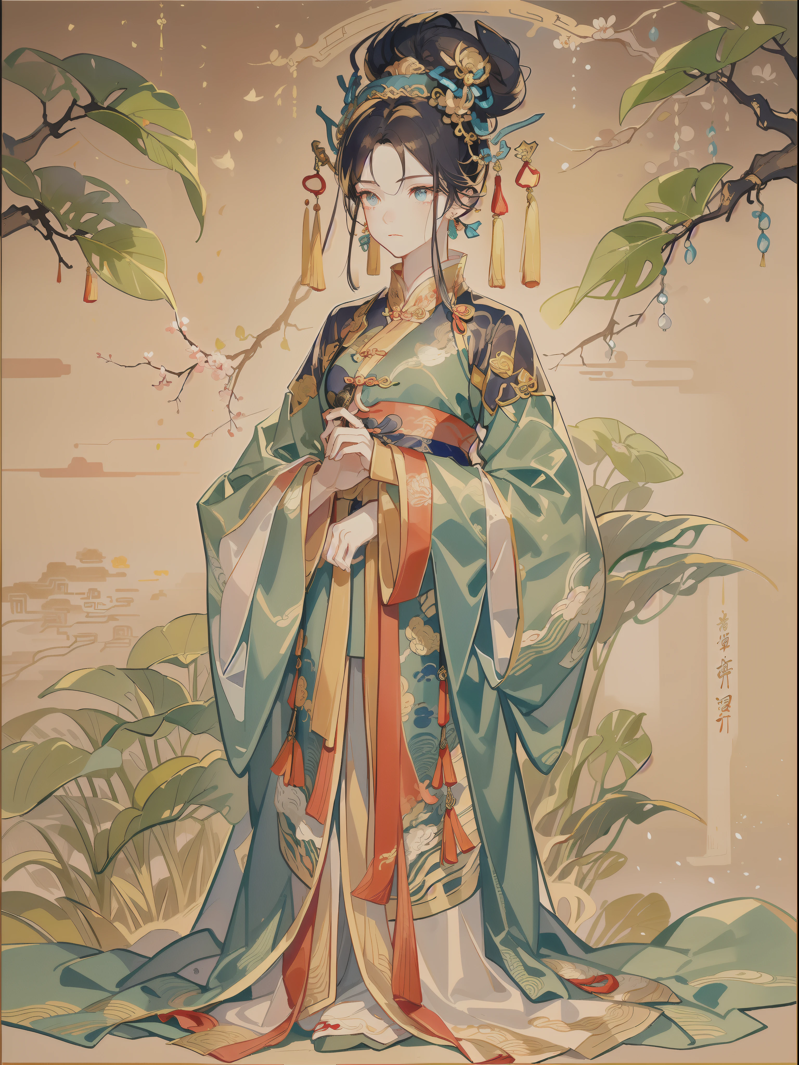 1 woman，wearing Chinese Traditional dress，Wear intricate and sophisticated headdresses，The crown is set with pearls and precious stones，Delicately embroidered silk robe，cabelos preto e longos，Smooth and shiny，Phoenix-style pearl earrings，Wearing a phoenix robe，Wide-sleeved gold robe，Long red silk dress，Noble and gorgeous，Majesty，Look back，Gentle eyes，(((Delicate facial portrayal)))，a color，wide angles，Faraway view，Highest image quality，tmasterpiece，Chinese，brightly，8K，Chinese illustration，Meticulous，Chinese colors，colored ink drawing，Chinese Gongbi Painting，Traditional Chinese painting，Ancient artist Zhang Daqian style