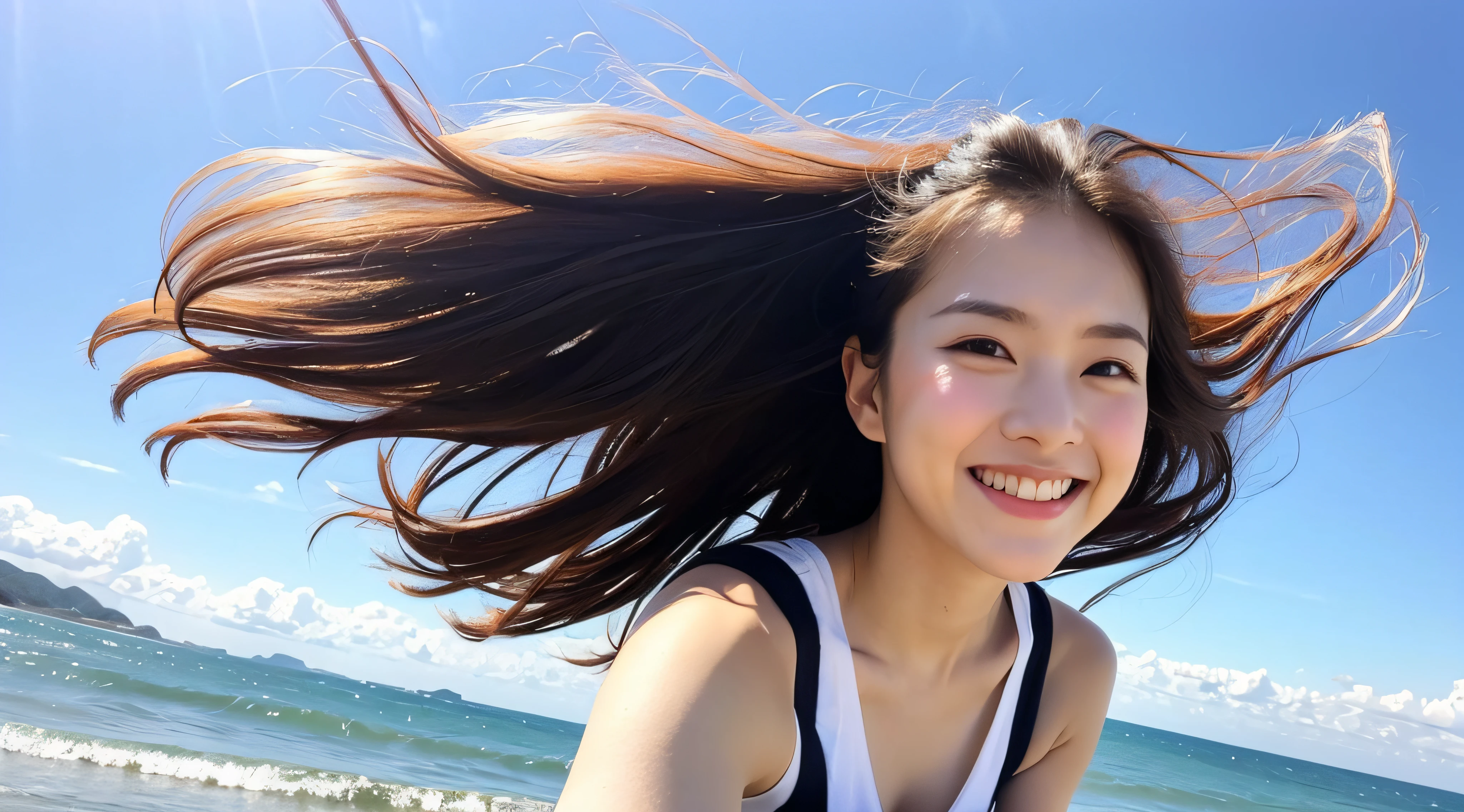 realisitic、masuter piece、Beautiful Korean kpop idol Woman,Running along the seaside、Camera angle from below、Midsummer sun and white clouds、wide-angle lens、Looking up at the sky with a smile、emotive