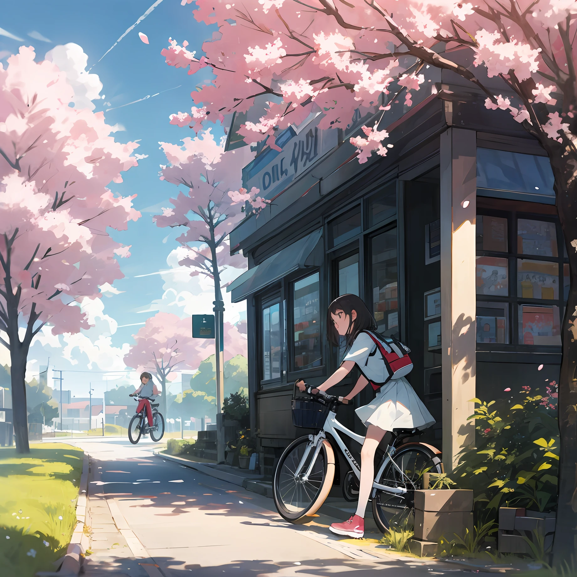 teens girl,adolable,path,the cherry trees,the street,The Car,with blue sky and white clouds,shop,bikes