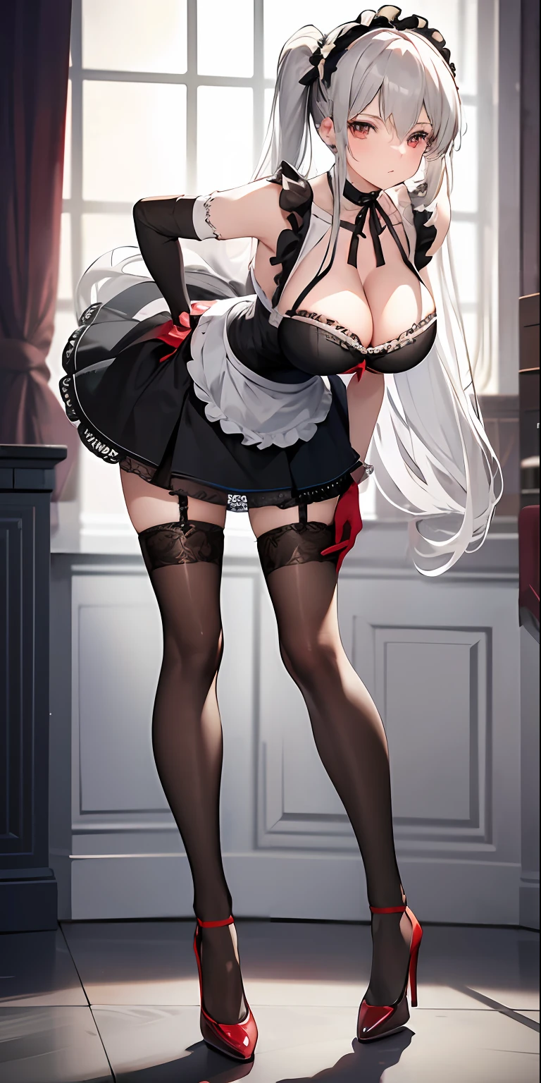 (masterpiece), best quality, perfect face, 1girl, mature woman, leaning forward, long grey hair, large breasts, hanging breasts, cleavage, narrow waist, ta, ultra short skirt, choker, ultra mini apron, full body, red high heels, garters, lace stockings,long and slender legs, beautiful legs,erotic, lace gloves