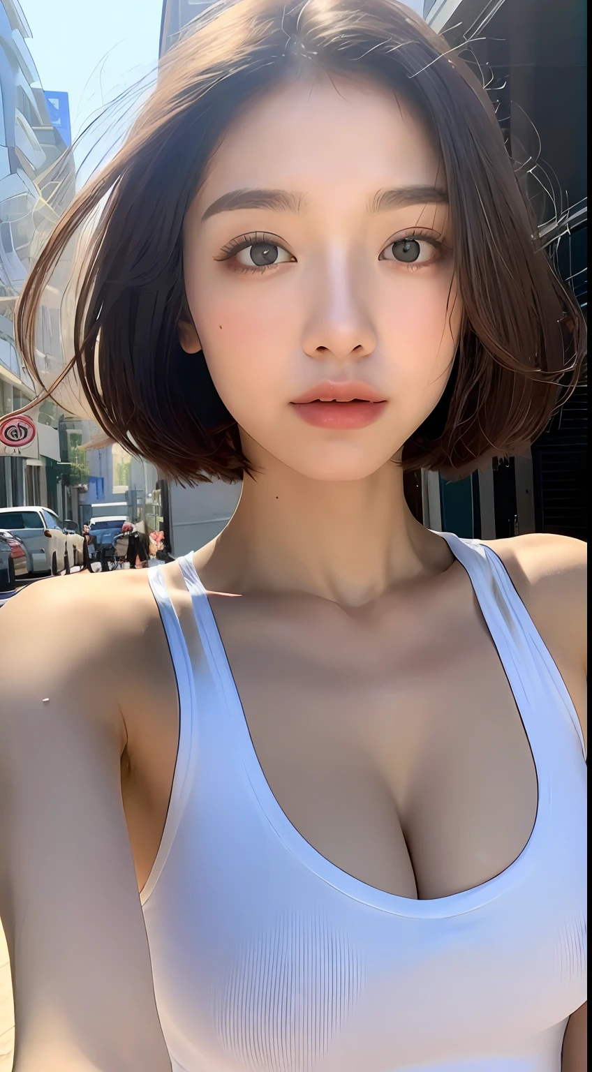 ((Best quality, 8k, Masterpiece :1.3)), Sharp focus :1.2, A pretty woman with perfect figure :1.4, Slender abs :1.2, ((Short haircut, Big breasts :1.2)), (Tank top shirt :1.1), (Street :1.2), Highly detailed face and skin texture, Detailed eyes, Double eyelid