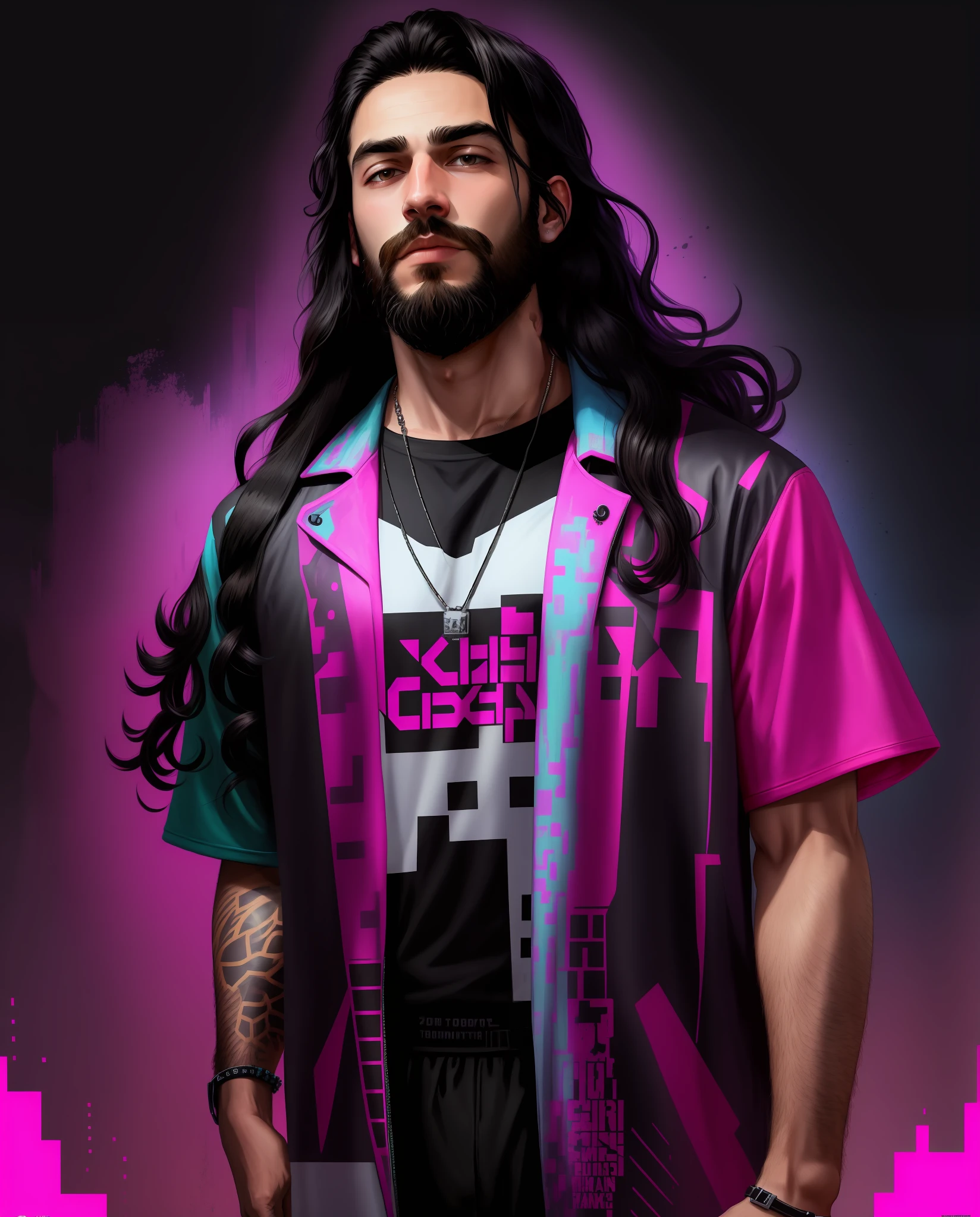 arafed man with long hair and beard wearing a black, twitch streamer/gamer, long hair, vaporwave pixel sorting, clothes in the style of 1 9 9 0, profile picture, GTA style drawing