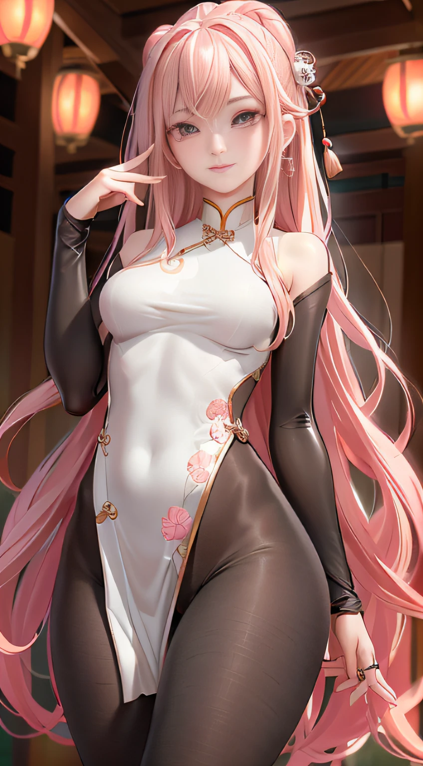 (best qualtiy,tmasterpiece:1.3), (detailedfacialfeatures), 1girll,Black transparent tights,Black tights,Naked female black,White coat,Raised sexy,The fog is hazy,peach blossom,Peach blossoms fly,Ancient Chinese architectural background,Lanterns,
