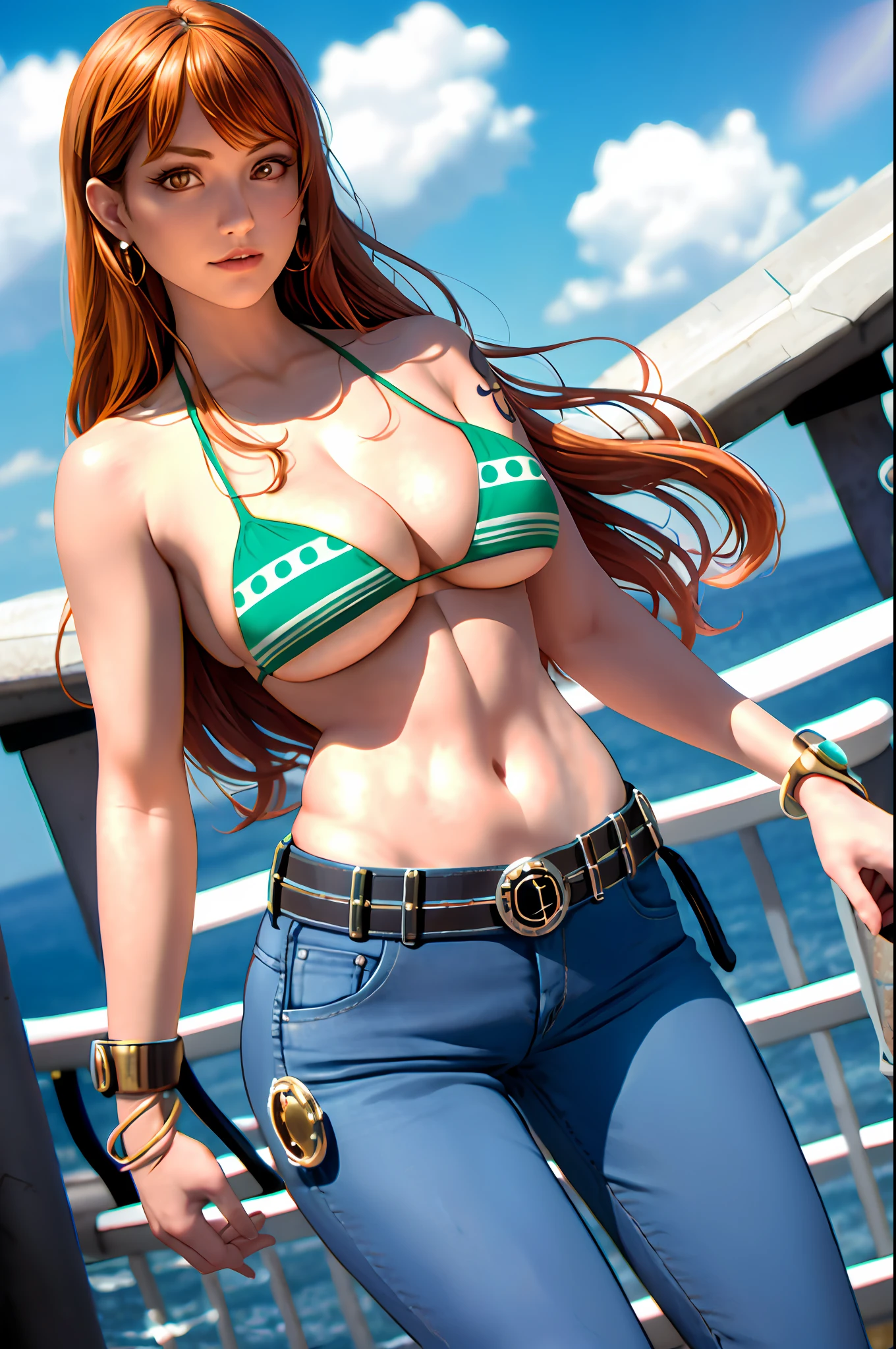masterpiece, (photorealistic:1.5), best quality, beautiful lighting, real life, nami \(one piece\),
1girl, bangle, bangs, bare shoulders, belt, bikini, bikini top only, blue sky, bracelet, breasts, brown eyes, bubble, cleavage, cloud, cowboy shot, day, denim, earrings, floating hair, green belt, green bikini, groin, jeans,  jewelry, large breasts, log pose, long hair, looking at viewer, navel, orange hair, pants, shoulder tattoo, sidelocks, sky, smile, solo, standing, stomach, swimsuit, tattoo
, intricate, high detail, sharp focus, dramatic, beautiful girl , (RAW photo, 8k uhd, film grain), caustics, subsurface scattering, reflections