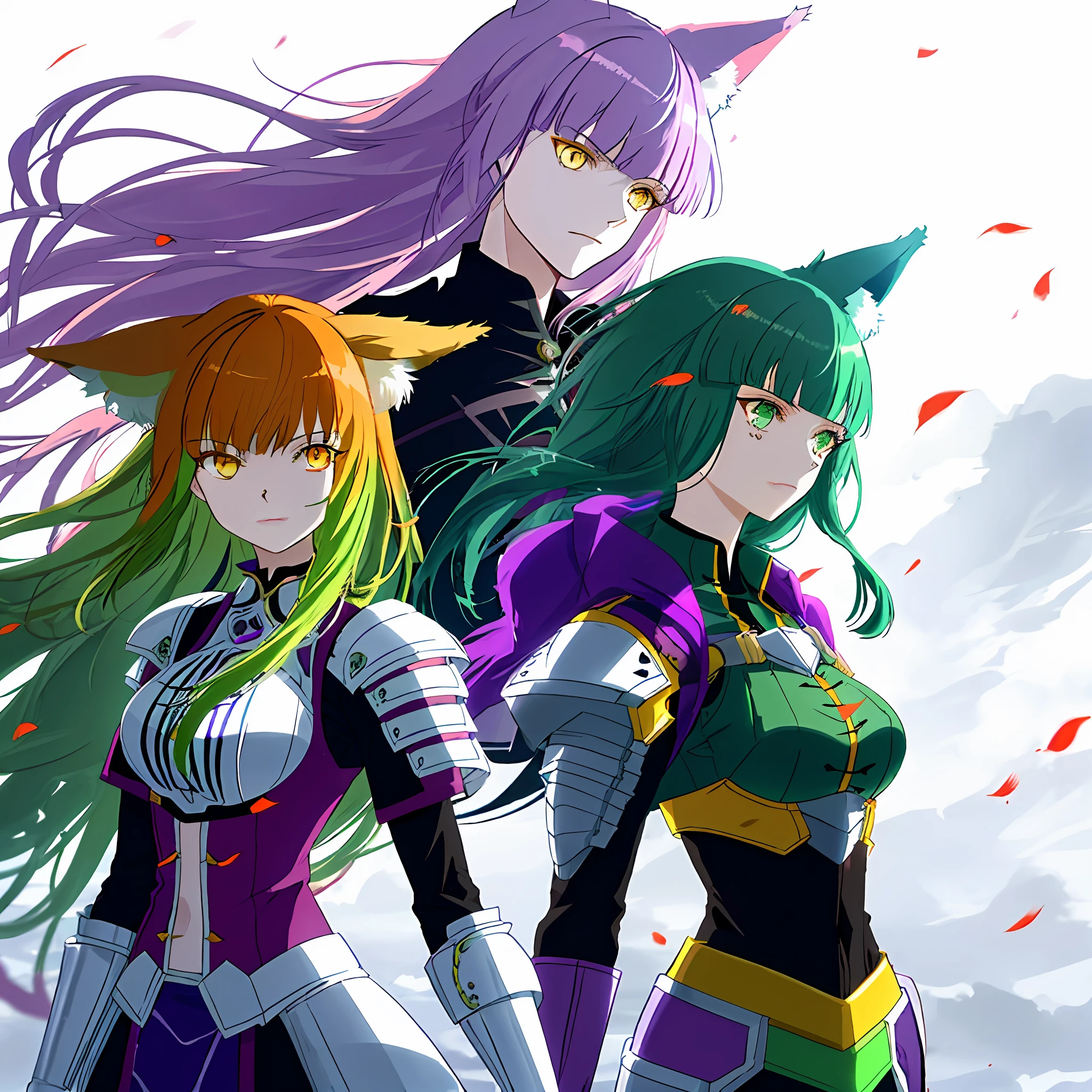 orange color hair，Purple hair big breasts，Green hair，fox ear，red color eyes，Cyberwind，Machinary，Machine armour wind，Future wind，Tech style，future-tech，Cyan steam，yellow mist，Violet fluorescence