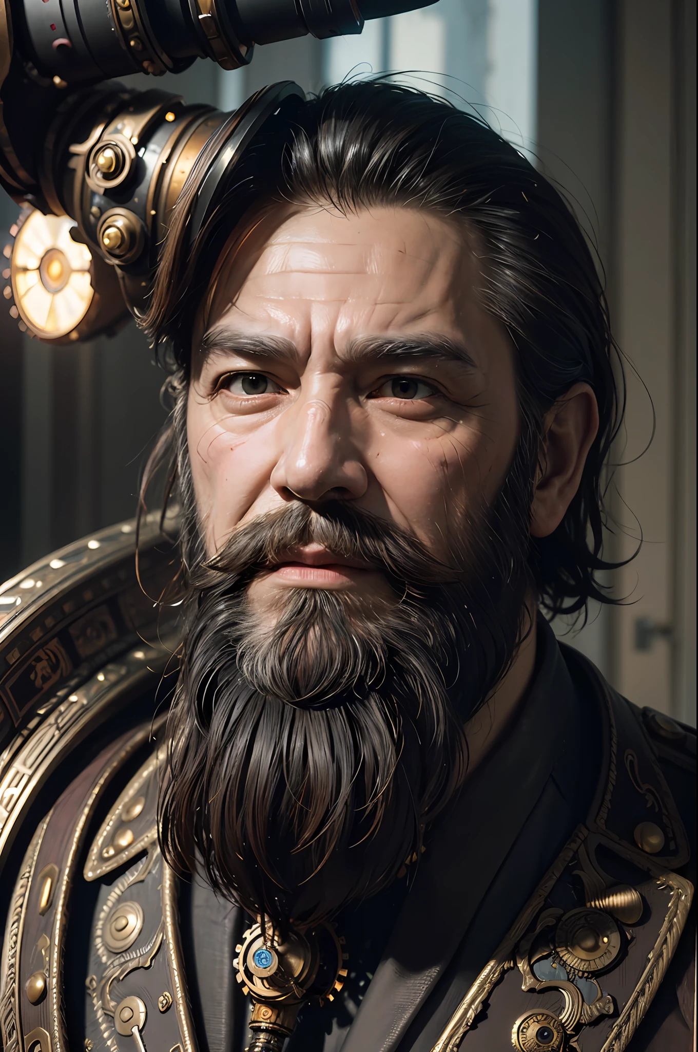 ((Masterpiece))), ((Best Quality))), ((Ultra Detailed)), (Surreal), (Highly Detailed CG Illustration), Cinematic Light, Realistic, Handsome Old Man, (Wrinkled Face and Beard), Intricate Details, Full View, Weapon, Robotic Arm, Cinematic Quality, Full Body, Short Black Hair, ((Steampunk))