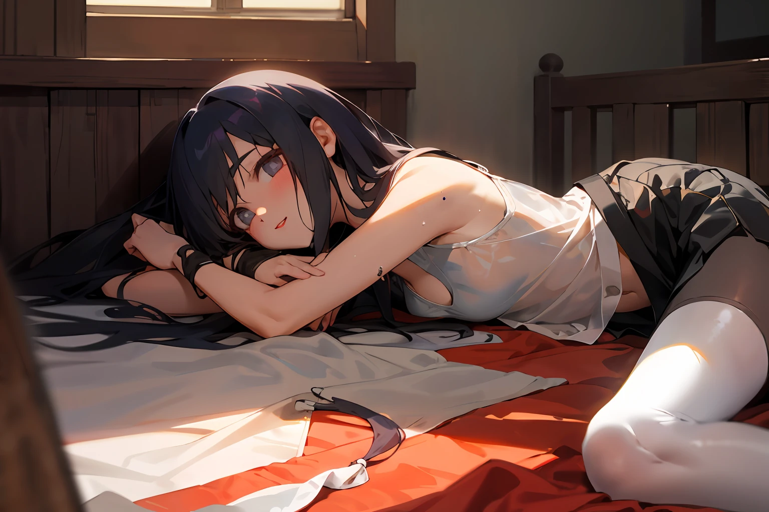 highest quality, A high resolution, 独奏, inside in room, Staggered bra, lying down, Details maniac, k hd, high high quality, A detailed的脸, Detailed body limbs, A detailed, 1 rapariga, 独奏, hyuga hyuga, Hinata sleeveless clothing, Beds, sleeveless shirts, fishing net garment, Dark lips, Buttonless jacket, no brassiere, The kinky is exposed, Be red in the face, White light stockings, see-through transparent clothes, Bursting out of private parts, R18, Realistis,Female genitals,Sweat liquid