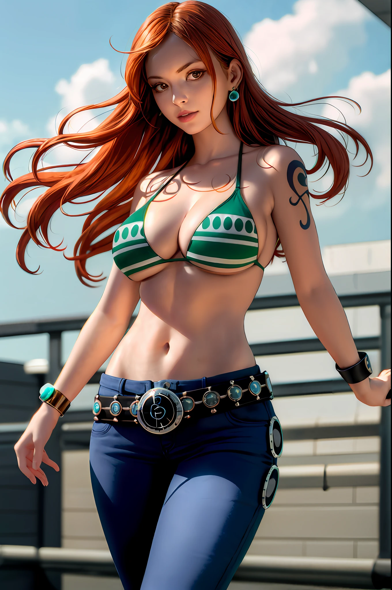 masterpiece, (photorealistic:1.5), best quality, beautiful lighting, real life, nami \(one piece\),
1girl, bangle, bangs, bare shoulders, belt, bikini, bikini top only, blue sky, bracelet, breasts, brown eyes, bubble, cleavage, cloud, cowboy shot, day, denim, earrings, floating hair, green belt, green bikini, groin, jeans, jewelry, large breasts, log pose, long hair, looking at viewer, navel, orange hair, pants, shoulder tattoo, sidelocks, sky, smile, solo, standing, stomach, swimsuit, tattoo
, intricate, high detail, sharp focus, dramatic, beautiful girl , (RAW photo, 8k uhd, film grain), caustics, subsurface scattering, reflections