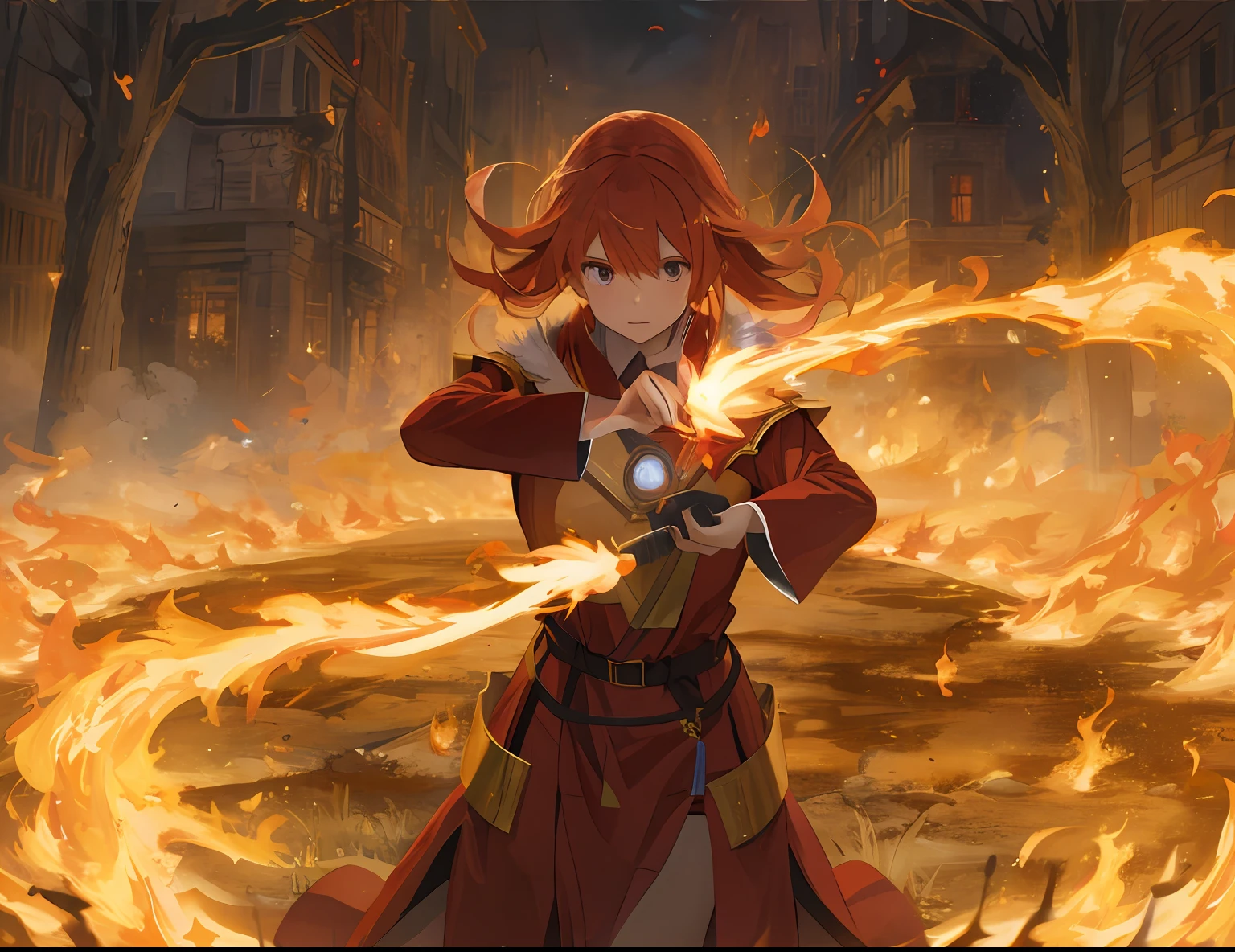 A female mage wearing a red robe,Use spells to manipulate the flames to surround itself,Burning everything around it