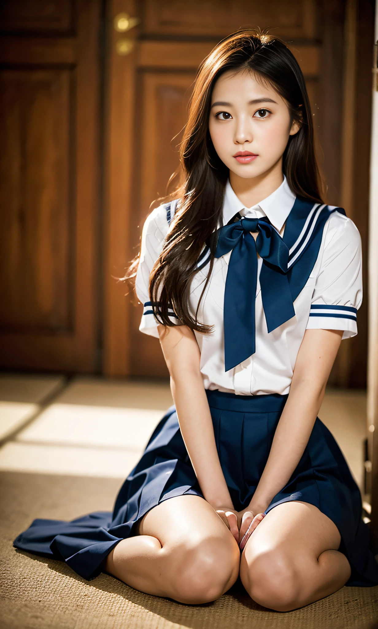 ulzzang -6500-v1.1, (Raw foto:1.2), (Photorealsitic:1.4), a beautiful detailed girl, japanes、2 legs、2 arms、extremely detailed eye and face, beatiful detailed eyes, Panchira、pantiy、full body Esbian、Underpants、Show Pants、Sit up、burden、Ridiculous, unbelievable Ridiculous, huge filesize, ultra-detailliert, hight resolution, ighly detailed, top-quality, masterpiece, Kemomimi, ((Japanese girls' high school uniform)), illustratio, ighly detailed, nffsw, unification, 8k wallpaper, magnifica, finely detail, masterpiece, top-quality, Highly detailed ticker uniform 8K wallpaper, Light on the Face、电影灯光、a 18 year old girl、Raw feet、