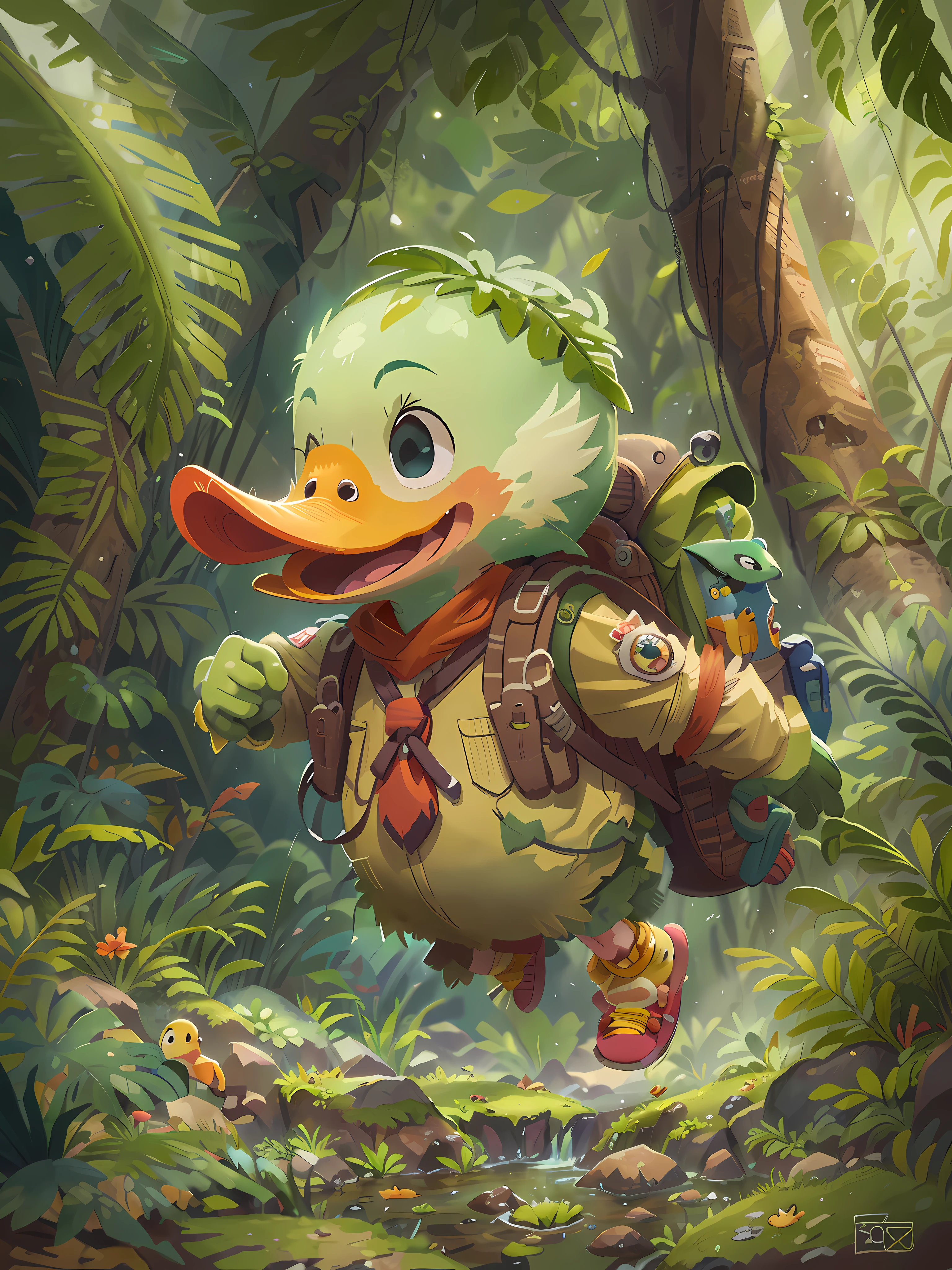A cartoon duck is running in a jungle, with exotic plants, is wearing boy scout clothes and a backpack, is happy, adventurous, perfect quality, jungle floor, rocks, and has clear focus (mess - jungle: 0.8), (masterpiece: 1.2) (Realistic: 1.2) (Bokeh) (Best quality) (Detailed Skin: 1.3) (Intricate Details) (8K) (Eye Detail) (Sharp Focus)