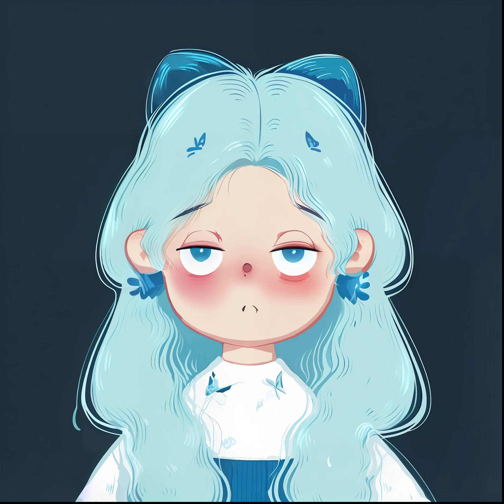 Close up of a cartoon girl with blue hair and white shirt, 2D illustration, 2 d illustration, Soft anime illustration, Girl with cat ears, Digital anime illustration, loish van baarle, Girl with blue hair, Loli, Anime style illustration, 2d digital illustration, lovely art style, pale young ghost girl, Cute detailed digital art