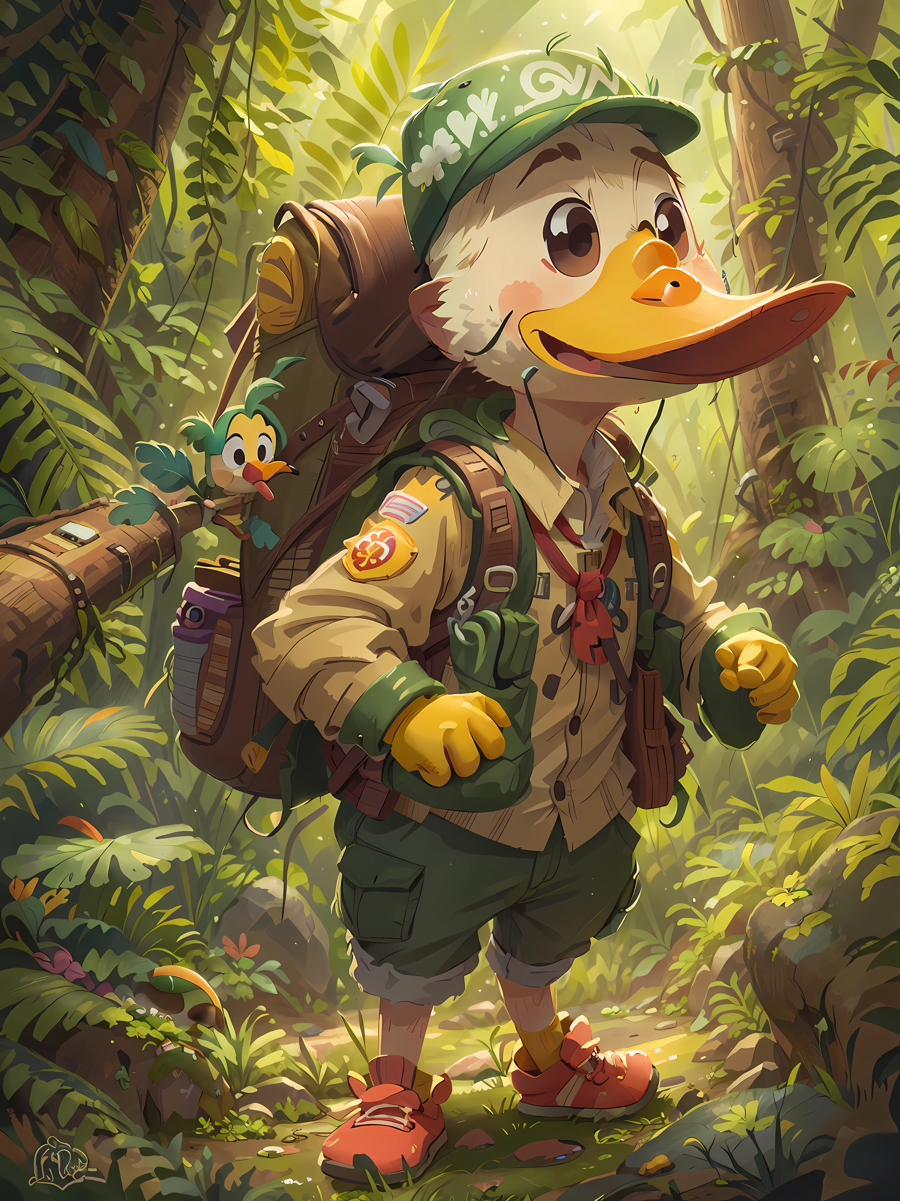 A cartoon duck is running in a jungle, with exotic plants, is wearing boy scout clothes and a backpack, is happy, adventurous, perfect quality, jungle floor, rocks, and has clear focus (mess - jungle: 0.8), (masterpiece: 1.2) (Realistic: 1.2) (Bokeh) (Best quality) (Detailed Skin: 1.3) (Intricate Details) (8K) (Eye Detail) (Sharp Focus)