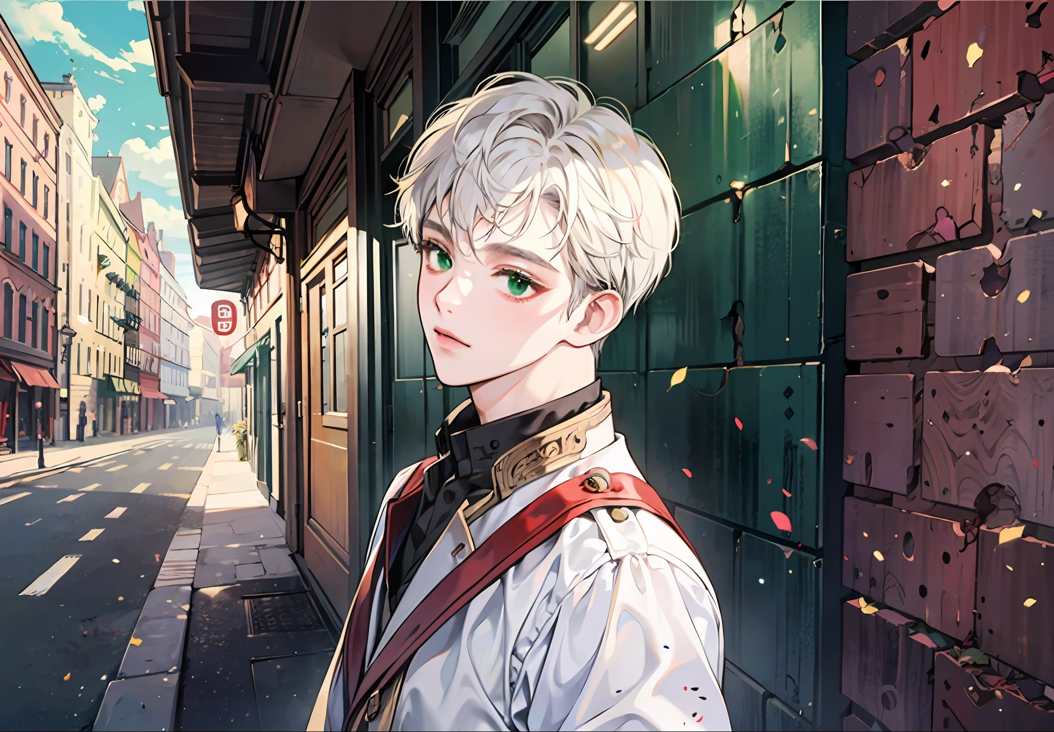 with short white hair,Green eyes,Blackn clothes,(()),Take a look at the camera above,which stands on the street,facial closeups。