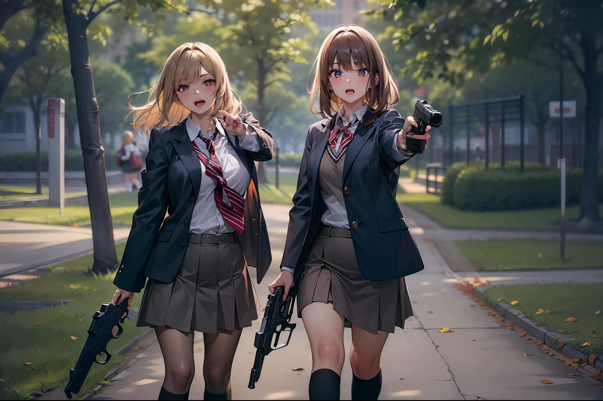 2 girls, handgun, in the park, high school uniform, special operations, cinematic action, looking enemy