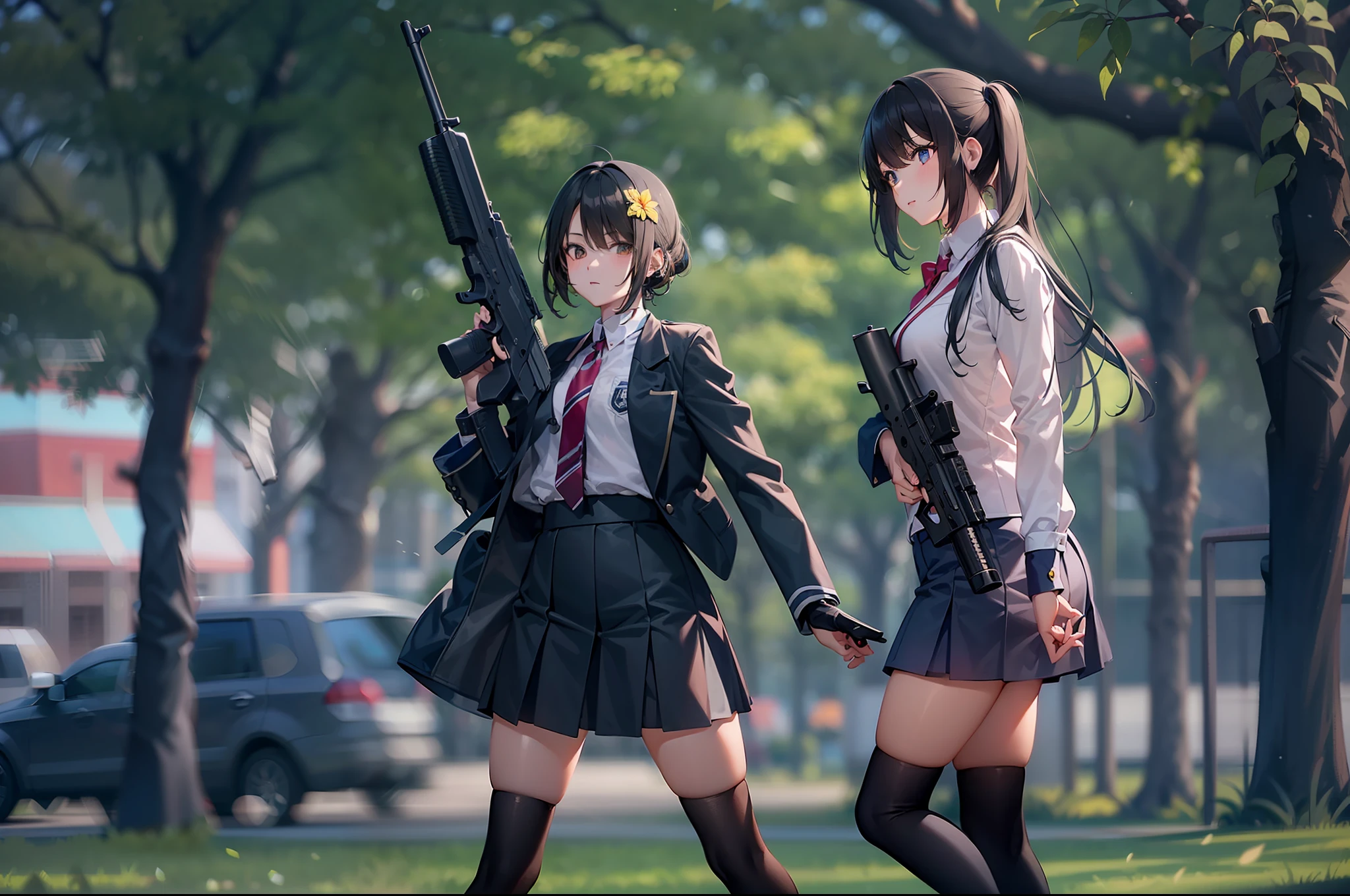 2 girls, handgun, in the park, high school uniform, special operations, cinematic action, looking enemy