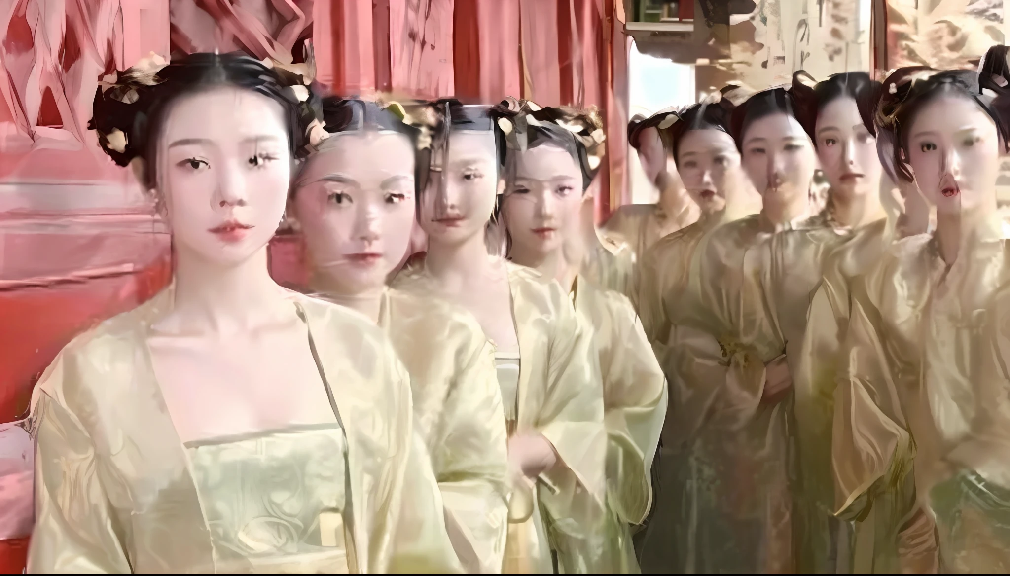 arafed group of women in traditional chinese dress standing in line, wearing ancient chinese clothes, ancient chinese beauties, traditional chinese clothing, chinese empress, tang dynasty, hanfu, traditional chinese, chinese princess, robes with golden characters, wearing gilded robes, beautiful render of tang dynasty, chinese costume, chinese heritage, ancient chinese princess, wearing gilded red robes