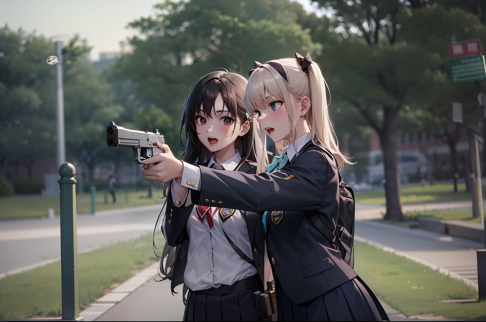 2 girls, handgun, in the park, high school uniform, special operations, cinematic action, looking enemy