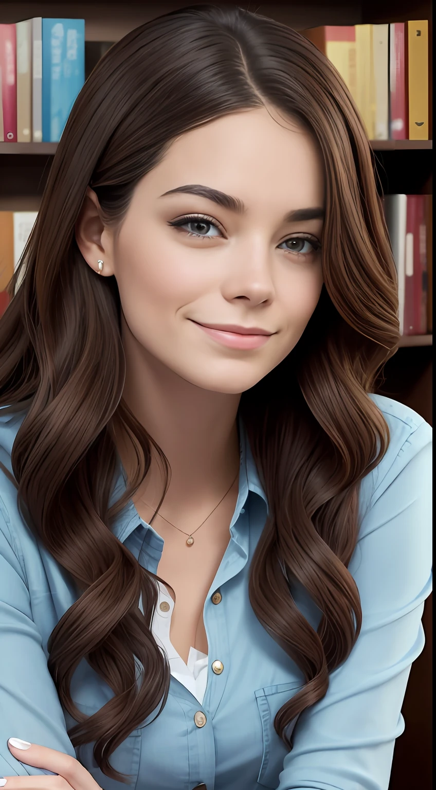 Carolina is a 24-year-old woman who works as a librarian. Usar ropa de bibliotecario.
With dark brown hair and hazel eyes, cara similar a Emma Stone, Carolina irradia belleza natural y una presencia serena. She is happy
