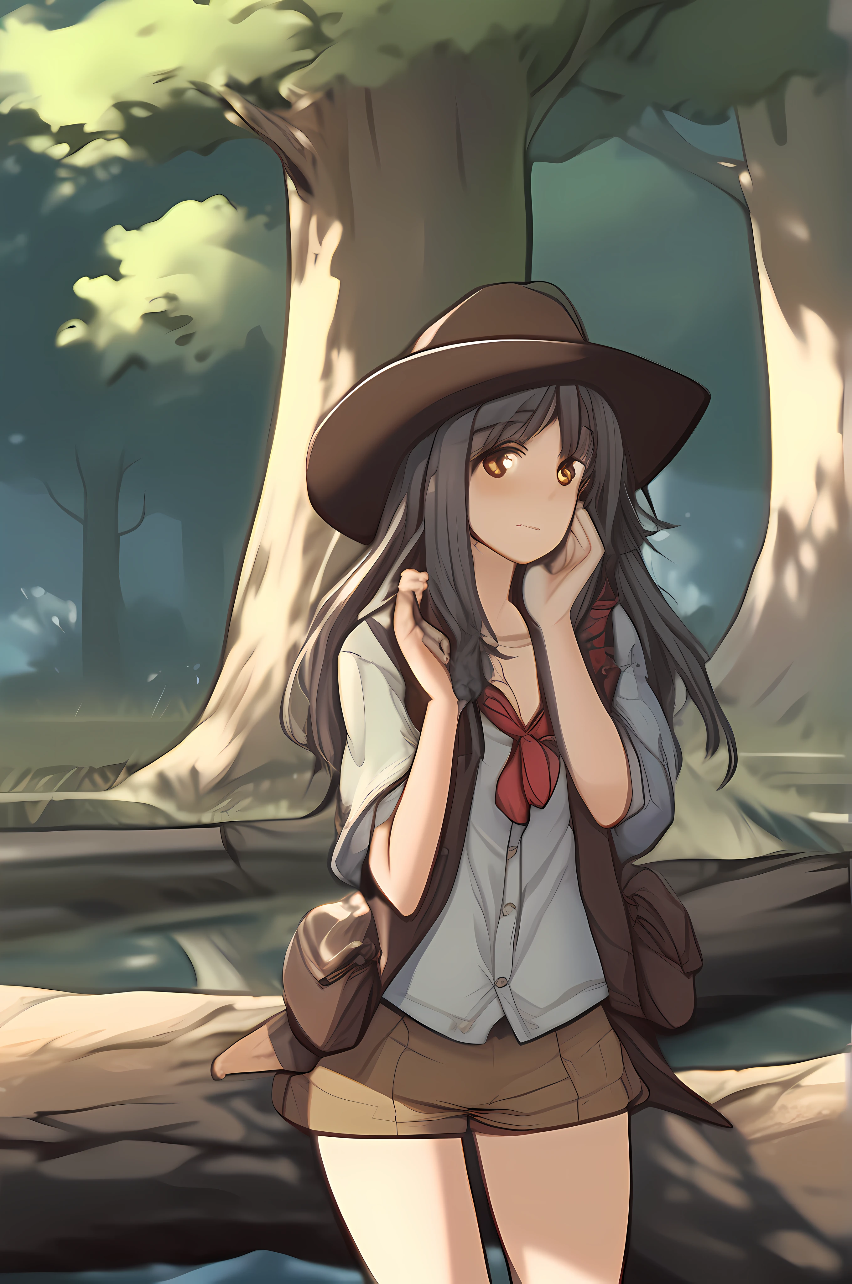 （tmasterpiece，best qualtiy：1.2），cowboy lens，big trees，1girll，Hide behind big trees，is shy，Crush，A small river behind a big tree，Hill Alencon，face expressionless，Keep your mouth shut，looking at viewert，（hand on own arm：1.2），Short twin tails，white  shirt，underbust，Fluffy long sleeves，a skirt，（Fingerless gloves：1.1）