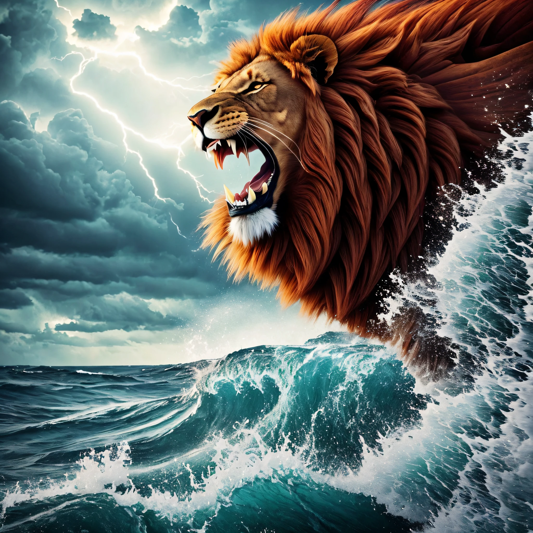 A great lion roaring with fury, com grandes asas majestosas, running on top of the waves of the waters with a big hurricane and dark sky with lightning red fire and very scary, This one lion has big wings.  imagem ultra-detalhado, foto altamente realista --auto