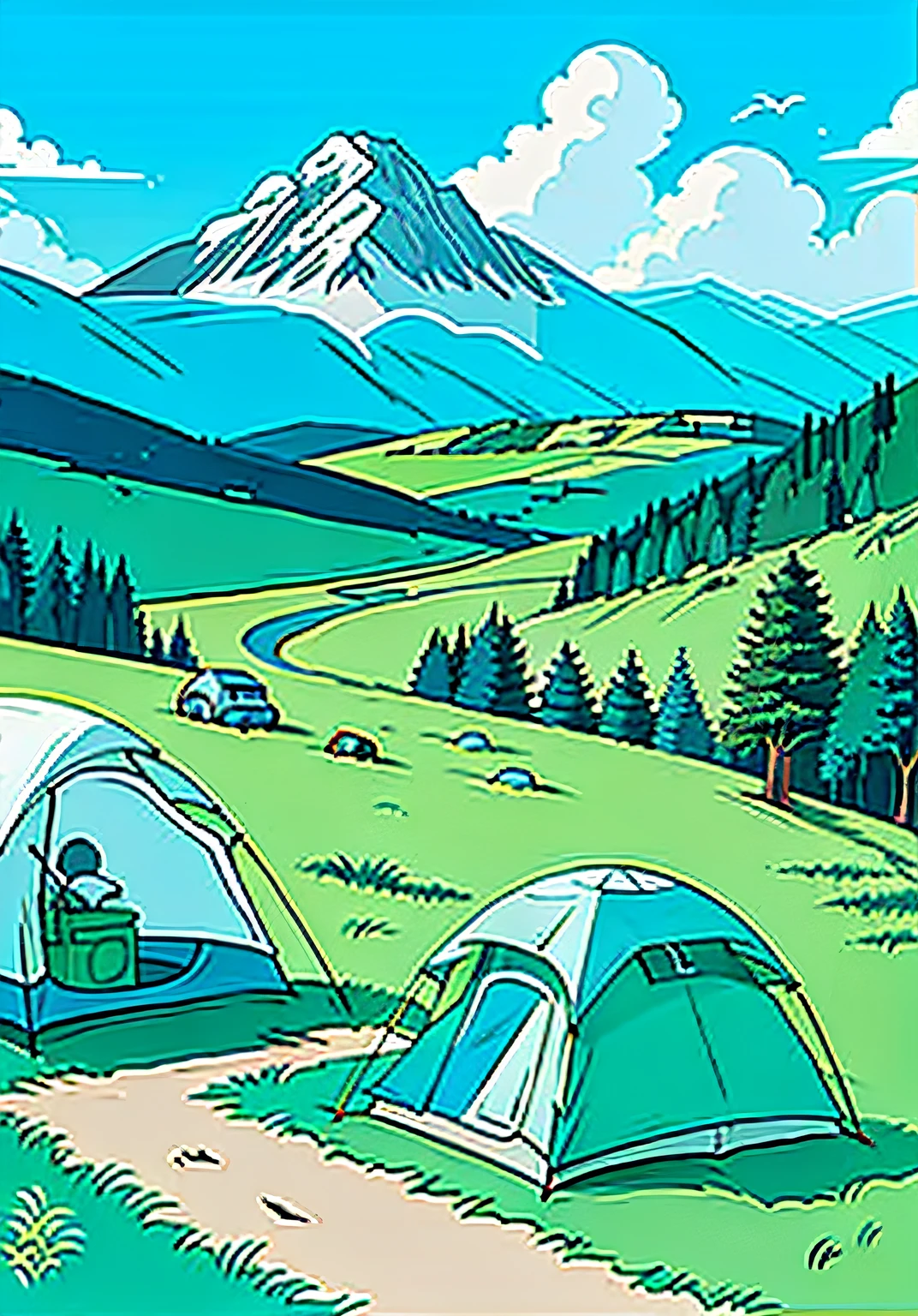 bivouac,Outing,A man in the upper left corner is climbing up,There is a men's bicycle in the upper corner,A man in the lower left corner is camping,In the lower right corner is a pair,and the sky is blue,Green lawn,Mountains in the distance,Poster style