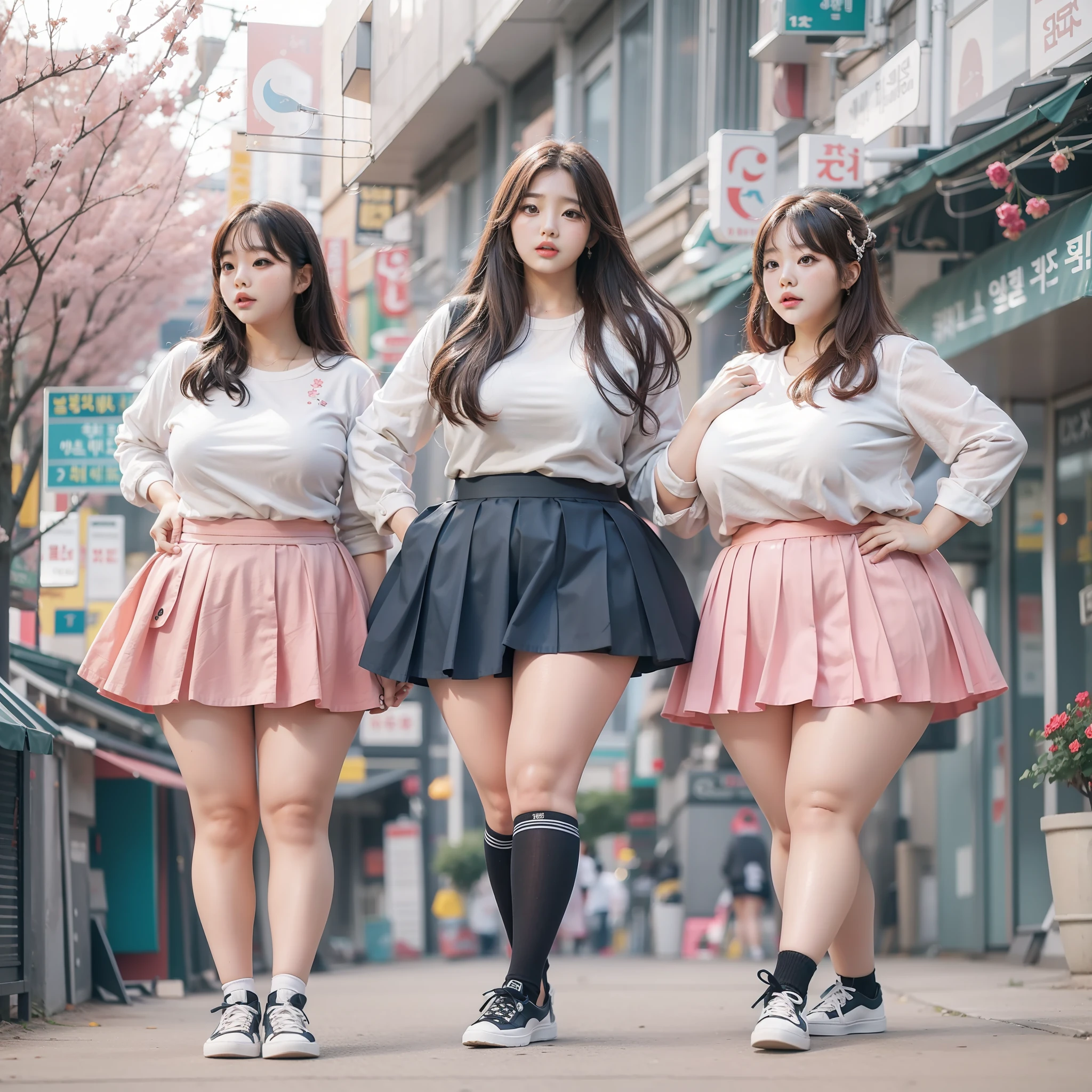 Cute Korean girl idol trio wearing skirts with very big thighs and very big buttocks and very chubby breasts