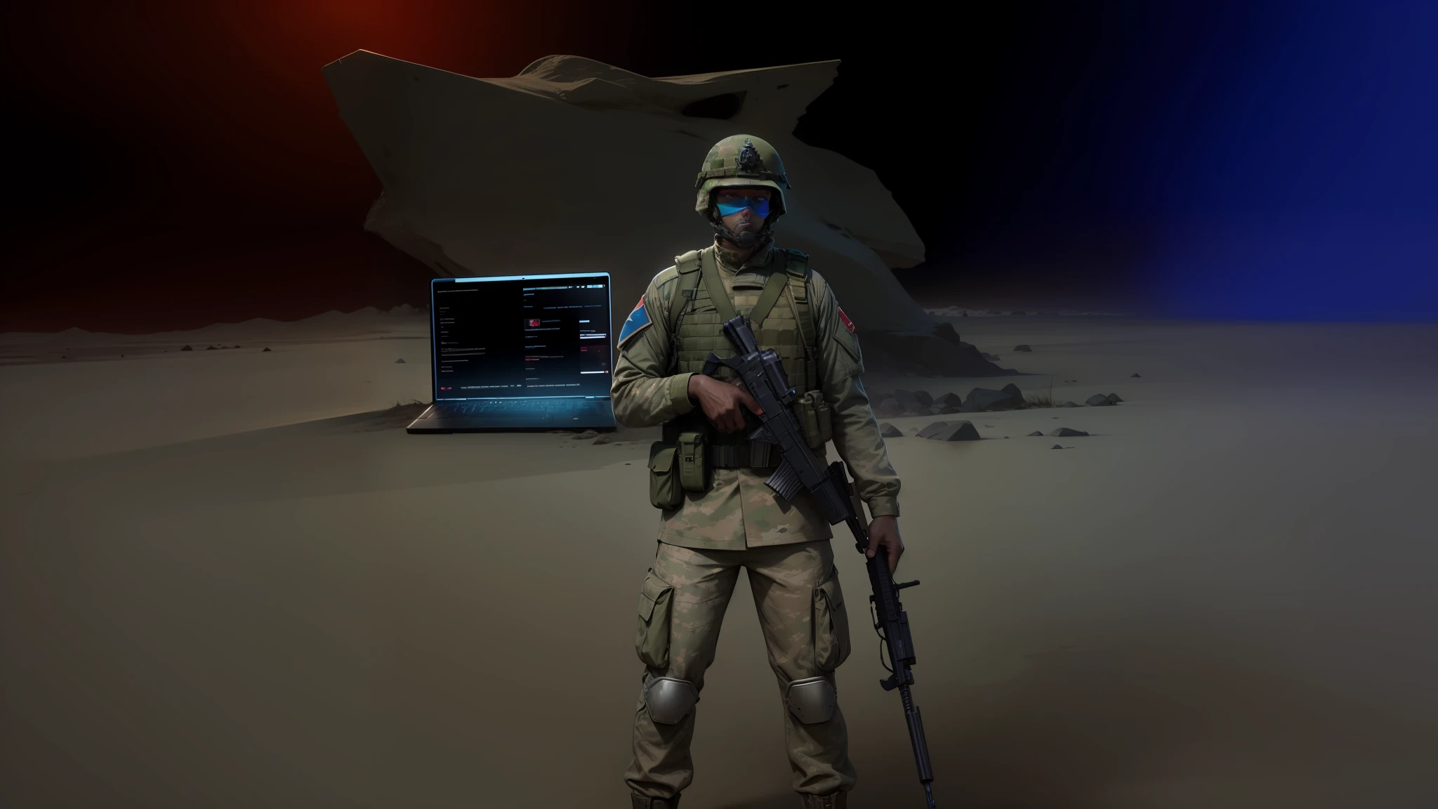 The soldier holds a laptop in his right hand