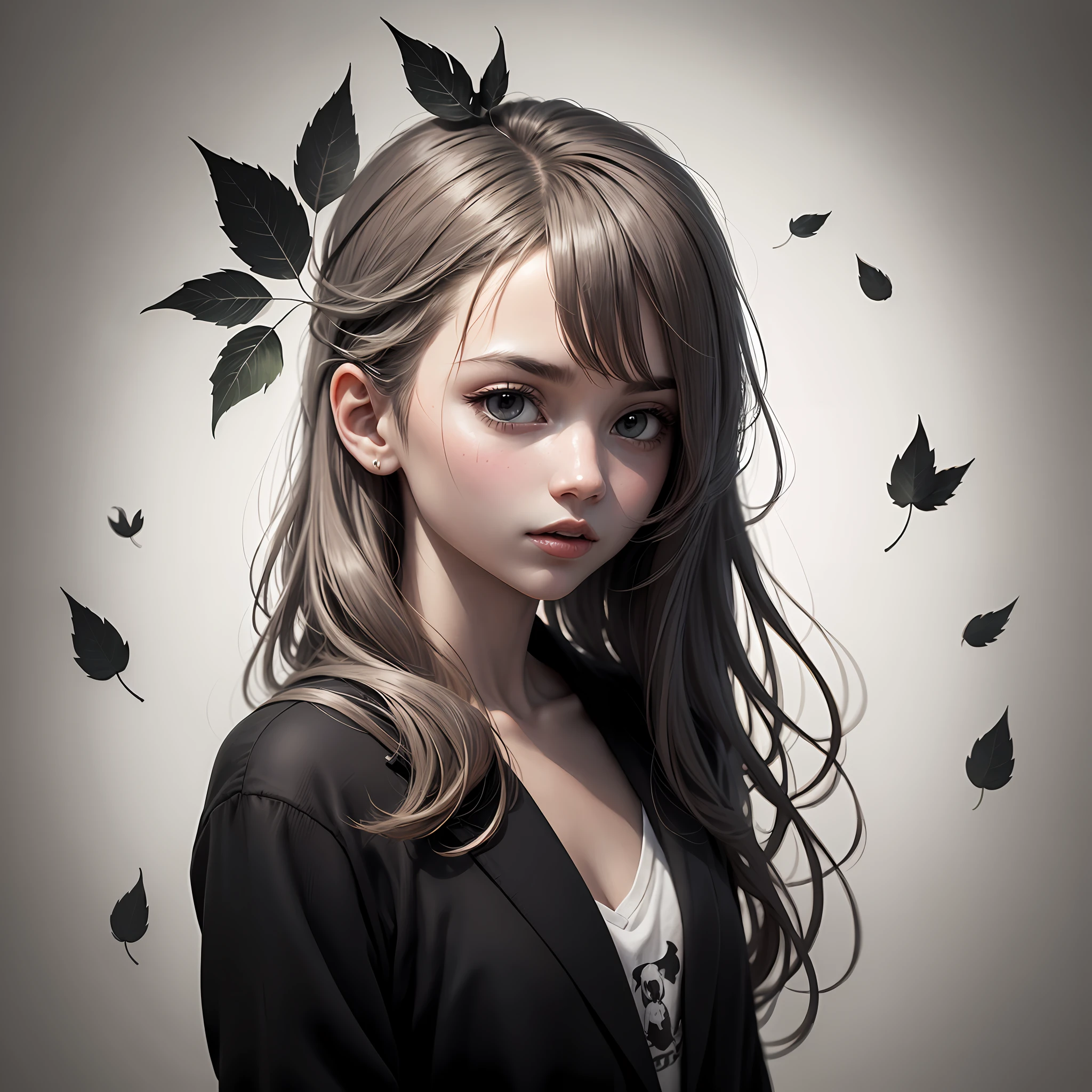There is a leaf on the top of the head,head portrait,black andwhite,stickfigure,long whitr hair,Kizi,adolable,pictogram,cartoony,handpainted --auto