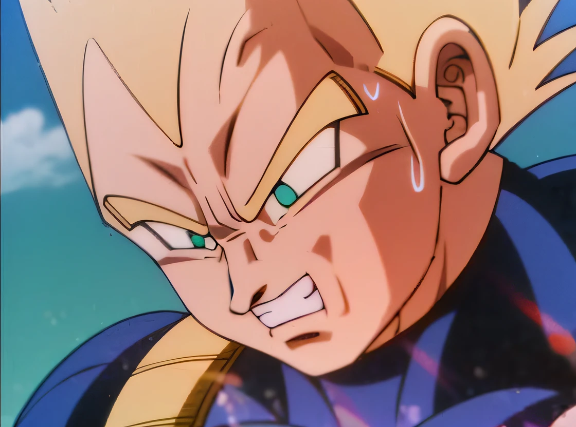 um close up de um close up de um close de um close de um, with vegeta head hair, Vegeta, prince vegeta, Super Saiyajin, indo super saiyajin, DBZ, Personagem Dragonball, super saiyajin azul, bald head and menacing look, VHS ScreenCap, Cabelo selvagem Saiyajin preto espetado, espiga