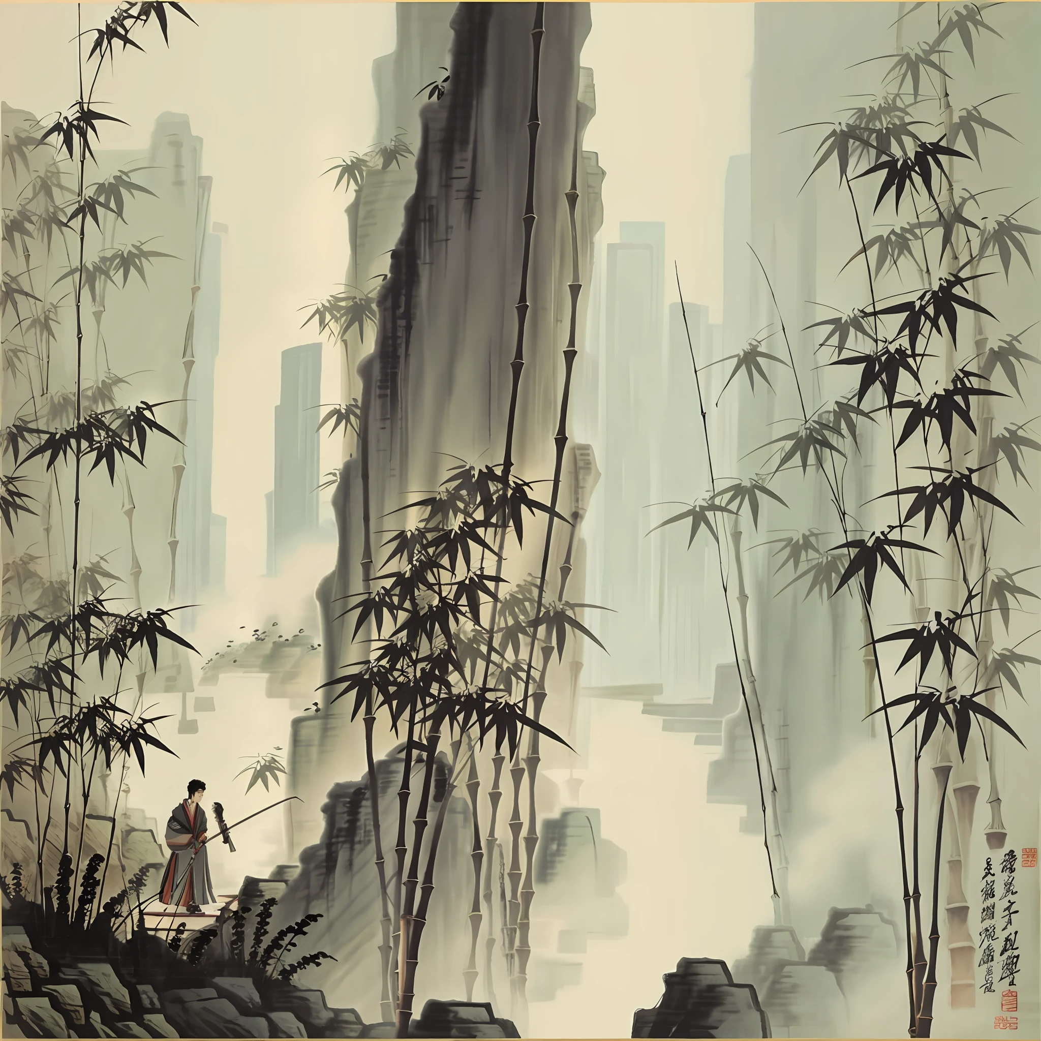 Swordsman,Chinese ancient style,Evil chi,bamboo forrest,mist,