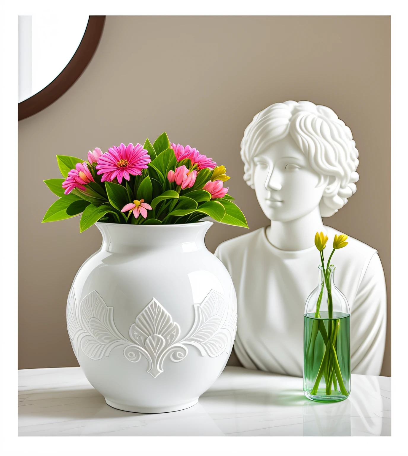 "Replace the vase with a kappa shape，Arrange flowers on kappa's head"