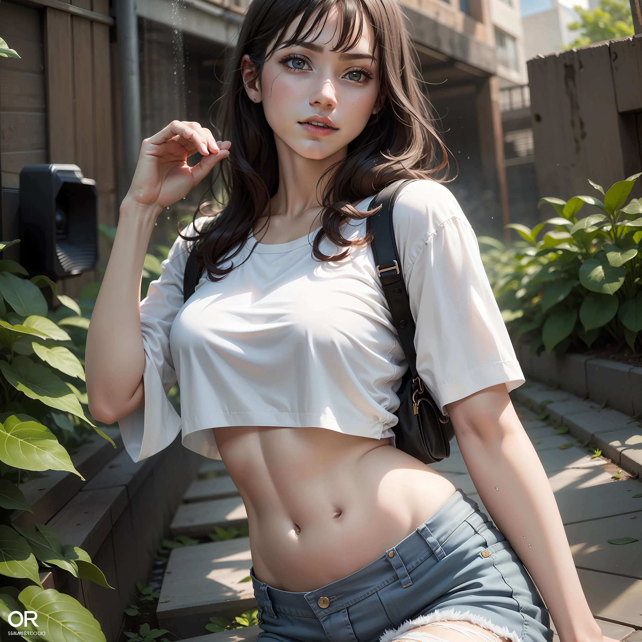 Best Quality, Masterpiece, Ultra High Resolution, (Realistic: 1.4), Original Photo, Official Art, Wallpaper, Bust Photo, Skin, Simple Background, Black Eyes, Details, Fingers, 1 Girl,,White Shirt,Belly Navel,Ragged Jean Shorts,Breeze,Sunlight,Water Mist,Studio light,