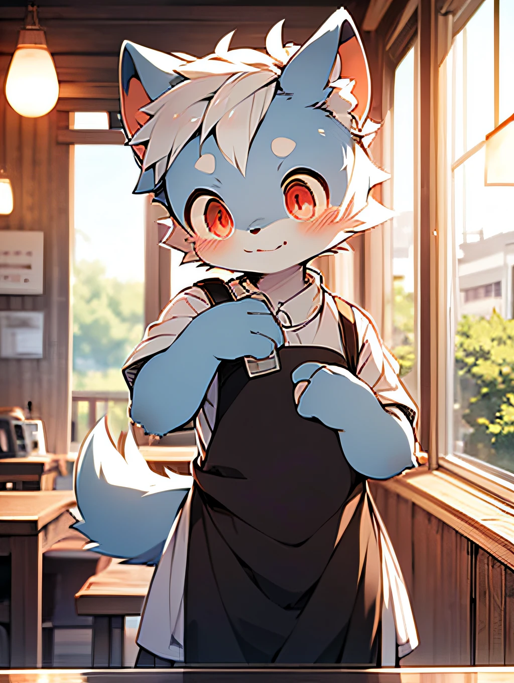 (light blue fur, detailed fur, red eyes, white hair), cute, standing, master masterpiece, high resolution, 8k, detailed background, high quality, boy, male, (by Dagasi: 1.1), solo, apron, café, smile,