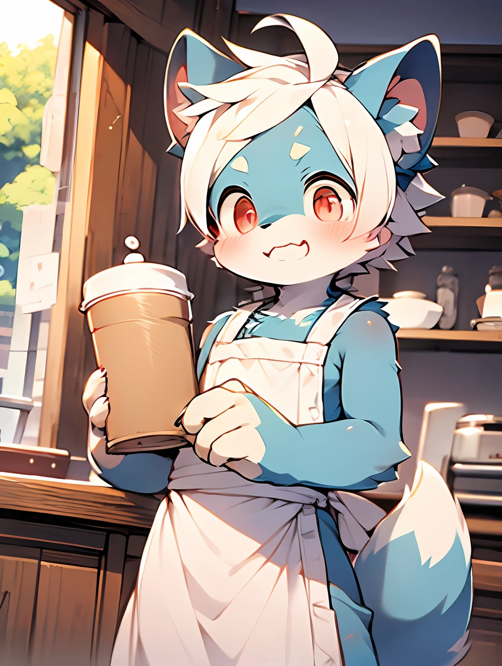 (light blue fur, detailed fur, red eyes, white hair), cute, standing, master masterpiece, high resolution, 8k, detailed background, high quality, boy, male, (by Dagasi: 1.1), solo, apron, café, smile,