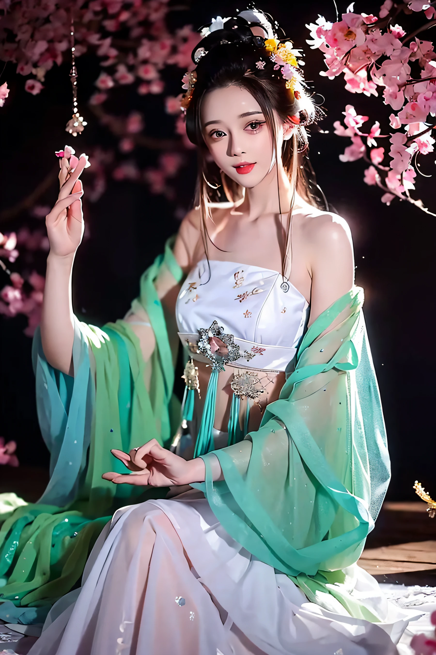 There is a girl in a green dress, plum blossoms, palaces, oriental architecture ray tracing, {best quality}, {{masterpiece}}, extremely detailed 8K wallpaper, {an extremely delicate and beautiful}, colorful, intricately detailed, Realistic, real, camera quality, (detailed depiction of clothes), cool white skin, (detailed depiction of blush), 1080p, sun, soft cuteness, smooth light silver hair, messy beauty, lighting, broken feeling, bright and silky skin , 3D stereoscopic, masterpiece, best quality, super fine illustration, beautiful eyes, very fine light, fine glow, very fine 8K CG wallpaper, peach eyes, red pupils, an extremely delicate and beautiful girl, 8k Wallpaper, best quality, full body close-up, white long dress, luxurious silky bright red chiffon floodlight (magic, glitter, ultra-thin, soft,) Hanfu
