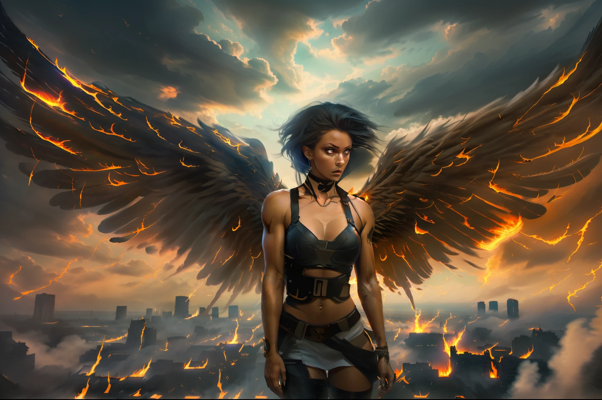 ((Female Fallen Angel sexy)), with ((burning wings of fire)), descending from a ((sky of soft, billowing clouds)) and a ((dark burning cityscape at night)). Her ((strong physique)) and ((glowing eyes)) reveal her nature as a ((heavenly warrior)), and her ((mixed-race features)) add an aura of mystery and beauty. Her ((short military haircut)) denotes her determination in her epic battles. It is a scene both ((majestic)) and ((supernatural)), combining elements of ((fantasy)) with an epic touch. The image is filled with ((vibrant colors)) that contrast with the ((dark tones)) of the burning city and the soft clouds in the sky, evoking a sense of power and transcendental strength.