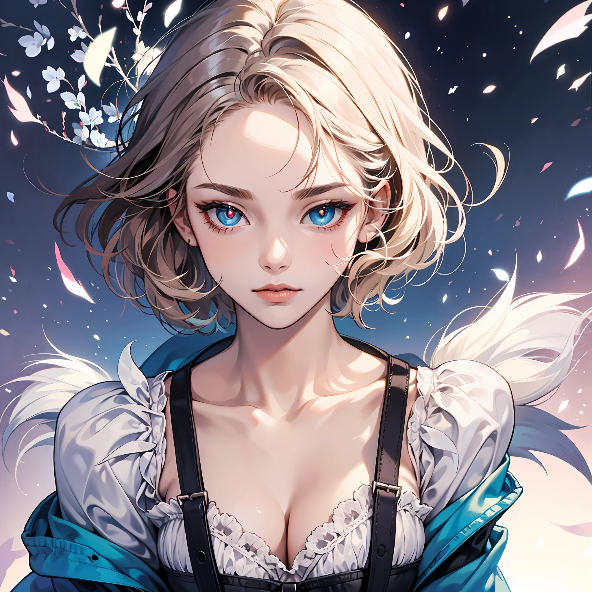 child, whaite hair:1.2, There are dull hairs, short detailed hair, Hairline, Right light, Heterochromic pupils, closeup cleavage:1.1, solo person, Manteau blanc --auto