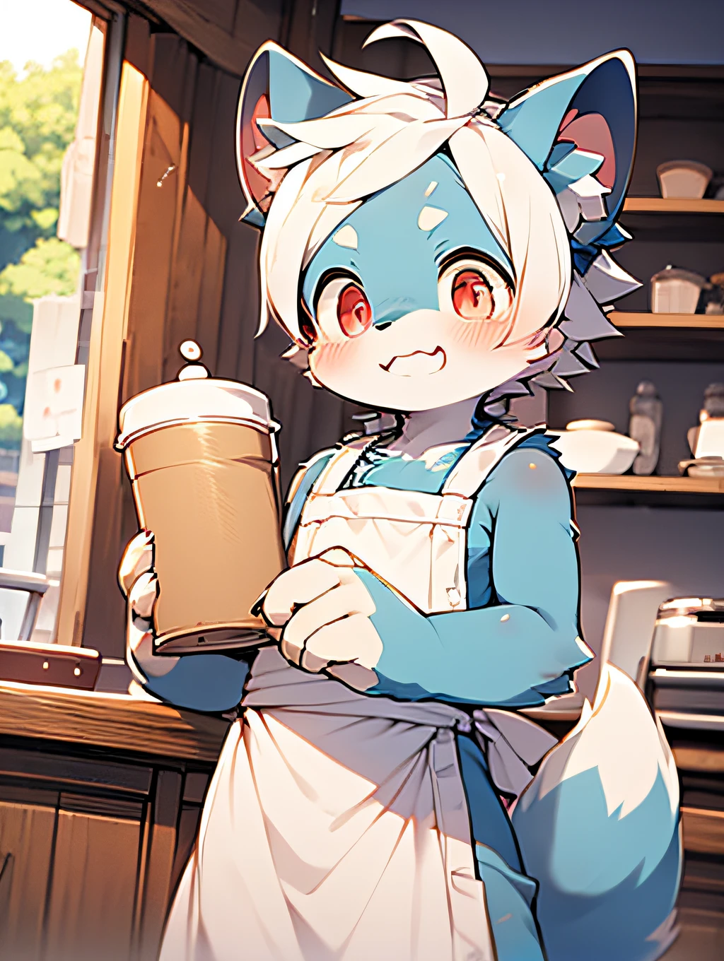 (light blue fur, detailed fur, red eyes, white hair), cute, standing, master masterpiece, high resolution, 8k, detailed background, high quality, boy, male, (by Dagasi: 1.1), solo, apron, café, smile,
