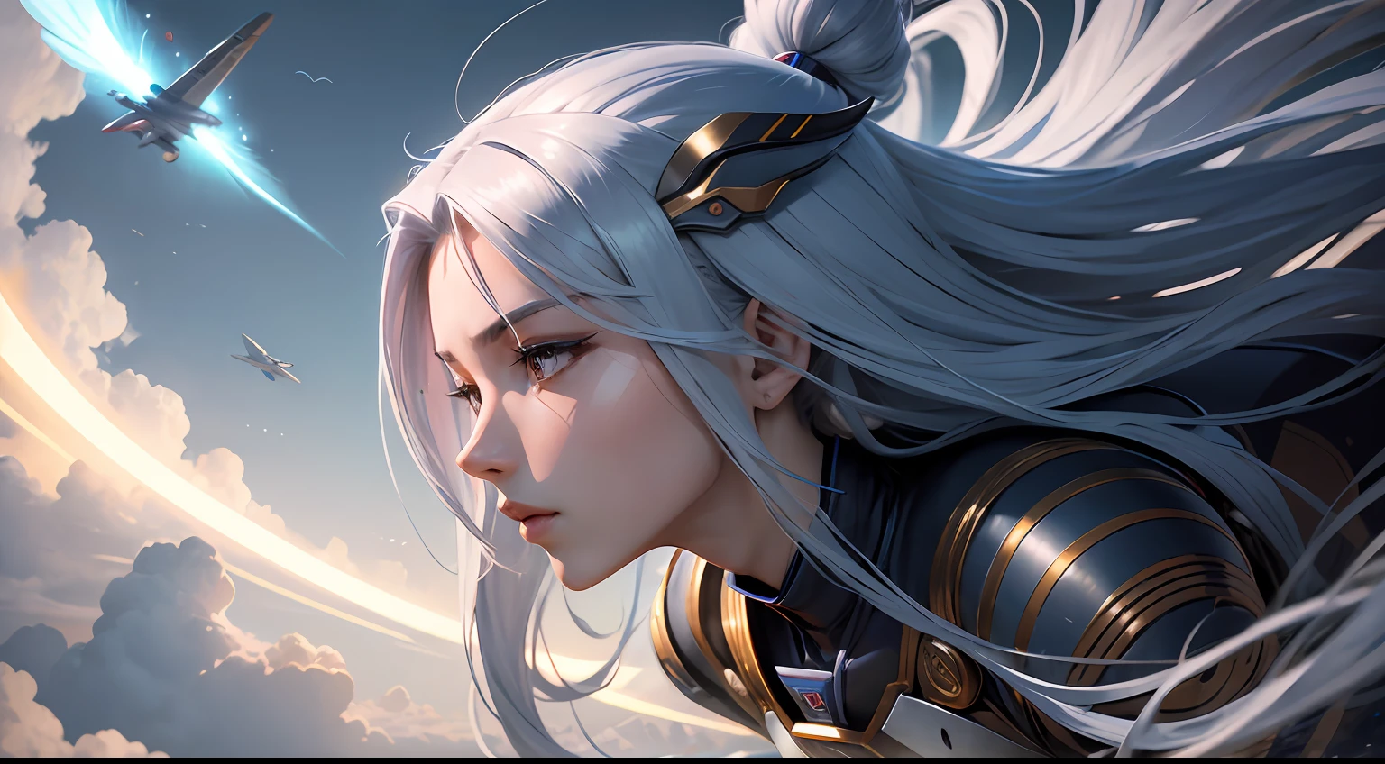 Kizi,Delicate facial features,Long flowing hair,mechs,flight,Skysky --auto