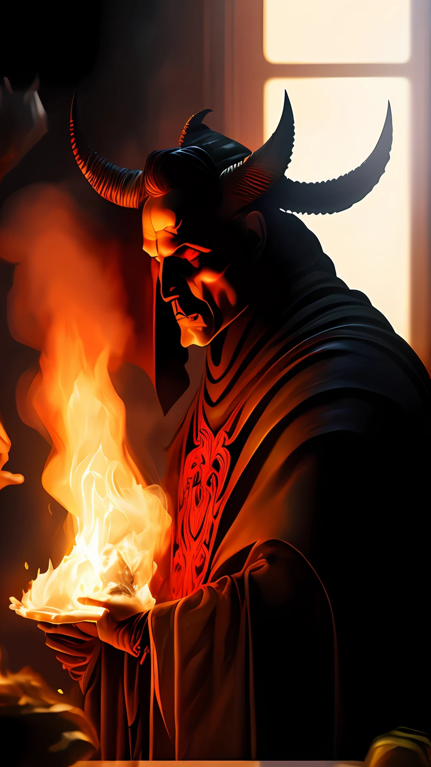 digital painting by rutkowski a horned demon with white angle wings floating between heaven and hell