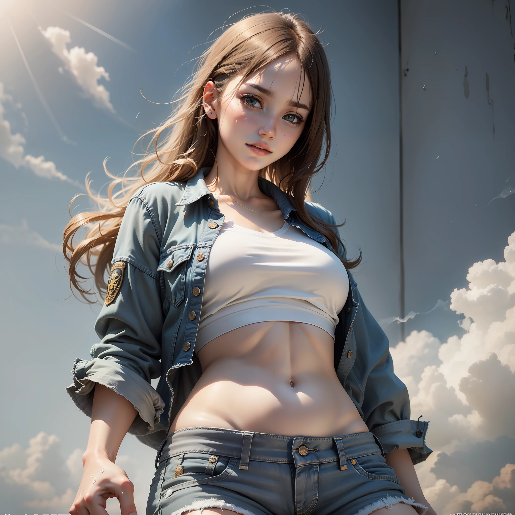 Best Quality, Masterpiece, Ultra High Resolution, (Realistic: 1.4), Original Photo, Official Art, Wallpaper, Bust Photo, Skin, Simple Background, Black Eyes, Details, Fingers, 1 Girl,,White Shirt,Belly Navel,Ragged Jean Shorts,Breeze,Sunlight,Water Mist,Studio light,