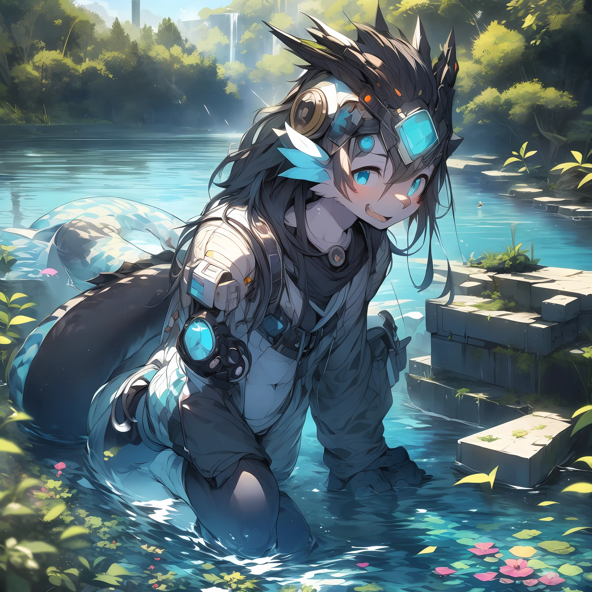 Dragons in mecha,bit girl,dark gray,Blue-and-black hair,eBlue eyes,adolable,Mechanical nanoskin,black reotard,black over-the-knee socks,full bodyesbian,nakeness,Shota,Stand where water meets sky,Black is the theme,emaciated,emaciated,is shy,8K quality,Extreme light and shadow