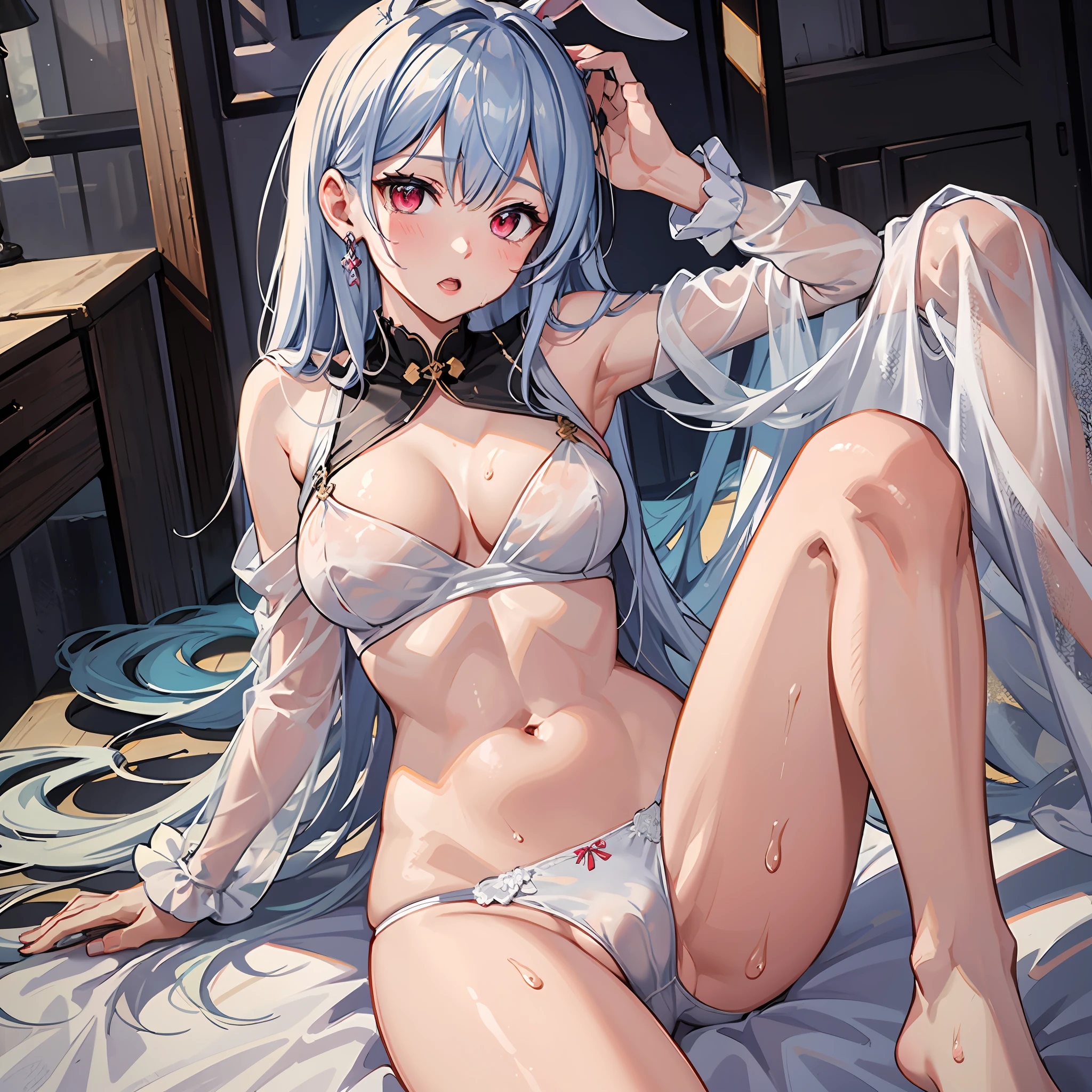 masterpiece, highest quality, ultra high definition, highest resolution, very detailed, clean skin, anime, full body, naked, six-headed body, slender, very cute, lolliface, girl , red eyes, braided hair, sleeping, wide open legs, legs raised, white costume, rabbit ears, bunny girl, underwear half-shed, wet clothes, light-skinned clothes, clothes with visible chest tips, sweat, clothes that show through, breasts protruding from clothes , Clothes that show through the tummy, lower breast, embarrassing, blush, show off, cleavage, crotch shows through, areola see-through, silver hair, braided, pubic area open, show off pubic area, vaginal shot