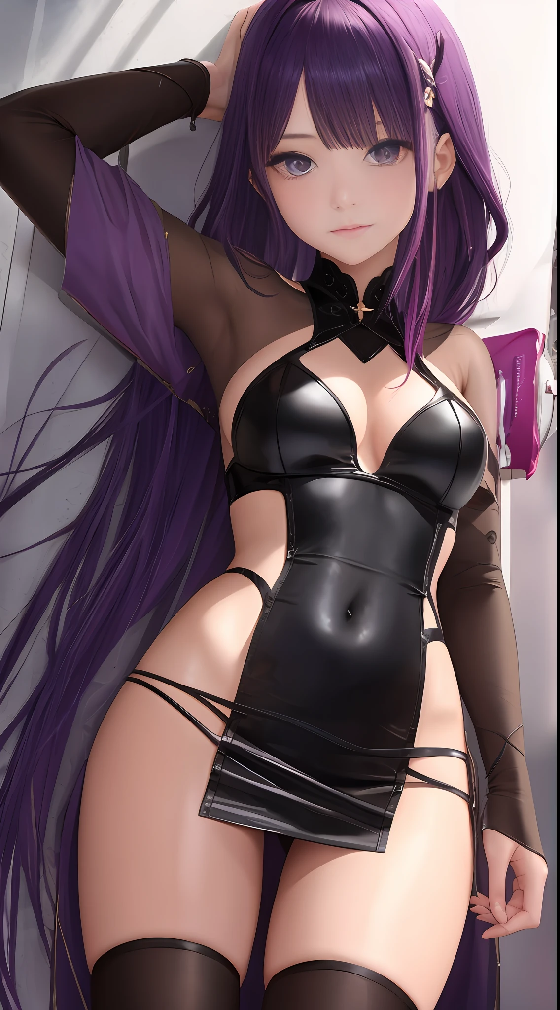 （tmasterpiece，Sideslit，Fine beautiful eyes：1.2），tmasterpiece*sportrait，photorealestic，3D脸，glowing light eyes，shinny hair，Glossy glossy skin，独奏，embarressed，（hason），Purple colored hair，Soft lips，Lustrous lips up short skirt, Torn pants, Short sleeves, NSFW, Fingers in the mouth, back facing the camera，Bare abdomen and thighs