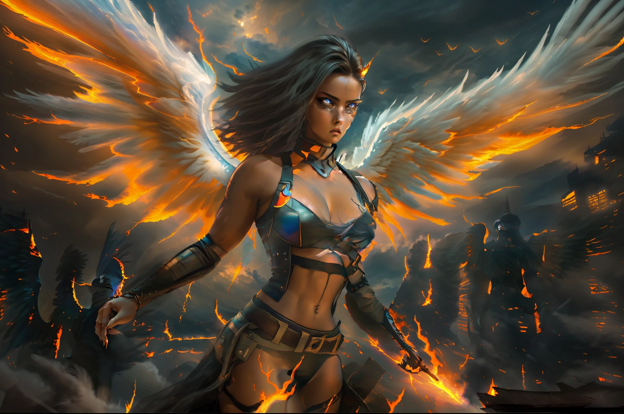 ((Female Fallen Angel sexy)), with ((burning wings of fire)), descending from a ((sky of soft, billowing clouds)) and a ((dark burning cityscape at night)). Her ((strong physique)) and ((glowing eyes)) reveal her nature as a ((heavenly warrior)), and her ((mixed-race features)) add an aura of mystery and beauty. Her ((short military haircut)) denotes her determination in her epic battles. It is a scene both ((majestic)) and ((supernatural)), combining elements of ((fantasy)) with an epic touch. The image is filled with ((vibrant colors)) that contrast with the ((dark tones)) of the burning city and the soft clouds in the sky, evoking a sense of power and transcendental strength.