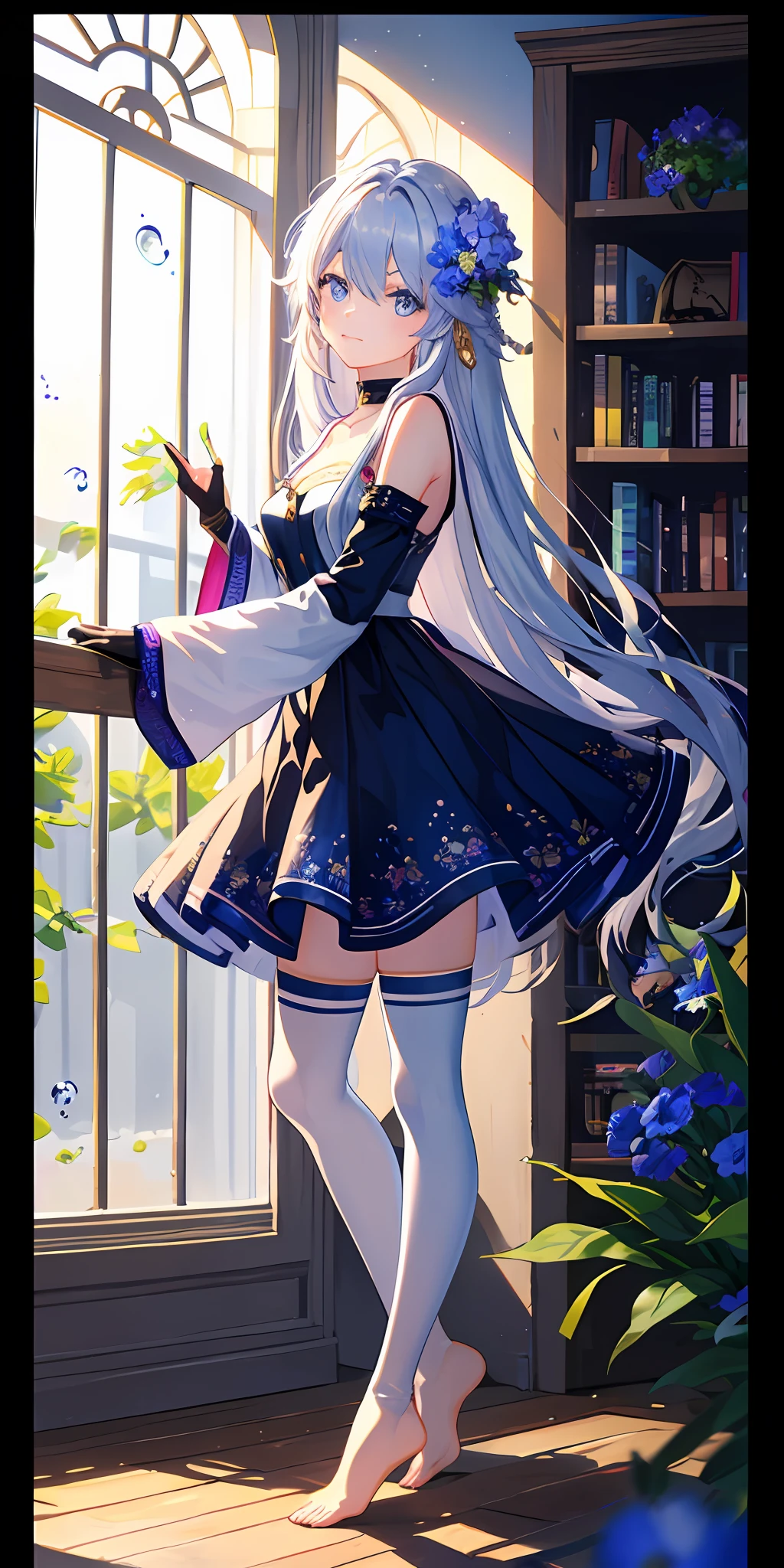 [(Transparent background:1.5)::5],(((Masterpiece))),(((Best quality))),(((Extremely detailed))),illustration, 1girll,Solo,mysterious,vivd colour,Shiny, Underwater transparent sealed hemispherical glass dome, (White hair),(Purple eyes), full body,Barefoot,Long hair tranquility nature, Koi,Underwater, Dome,Close up,Dynamic actions,Lens perspective,(((Box composition))),sitting cross-legged，Leaning against the bookshelf, voluminetric lighting, multi colored eyes, Detailed eyes, ultra - detailed,Light smile, Highly detailed, Beautiful, small detailed, Ultra detailed, Best quality, Intricate, 4K, 8K, trending on artstationh, Good anatomy, Beautiful lighting, Award-winning,Overlooking),dynamic angle,Super meticulous,illustratio,closeup ,Looking directly at,1girl,(fanciful:1.4),(Blue eyes:1.233),Her eyes shone like dreamy stars,(glowing light eyes:1.233) ,(美丽细致的眼睛:1.1),(silber hair:1.14),(messy  hair,Very long hair,french braid,Hair between both eyes,Lateral hair),(+(Blue hair flowers:1.14)),(chiffon dress,Uniform blue flower pattern)/=(army suit:1.24),(Separate sleeves,Wide sleeves),(Fingerless gloves),choker,(miko thighhighs),high heels boots,(face expressionless,Keep one's mouth shut),(standing on your feet),