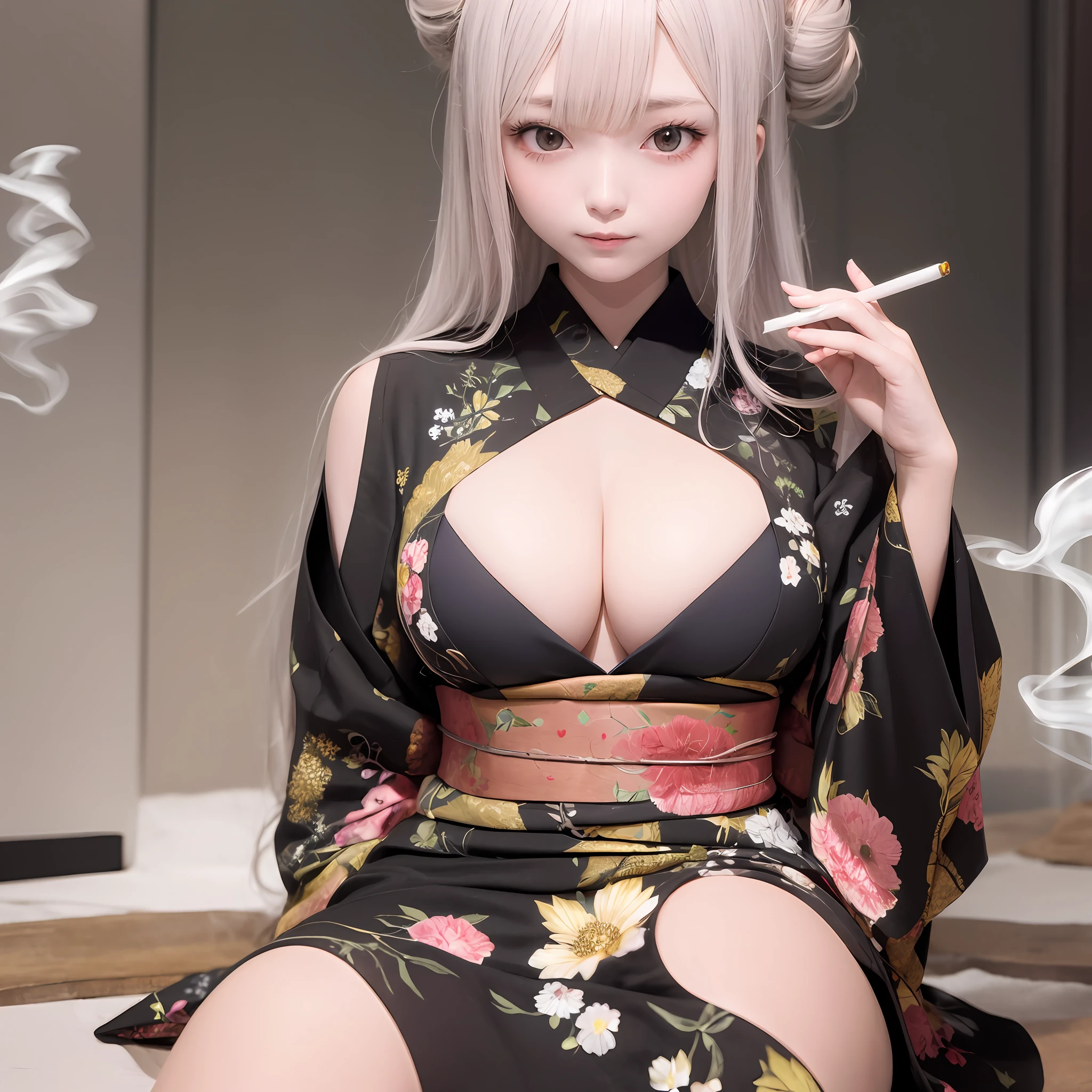 The upper part of the body、1人、Black hair、Bun hair、Gorgeous floral kimono、tobacco、Cigarette smoking、Cigarette smoke、cigarettes、Large breasts、off shoulders、Japan anime-style odd-eye,